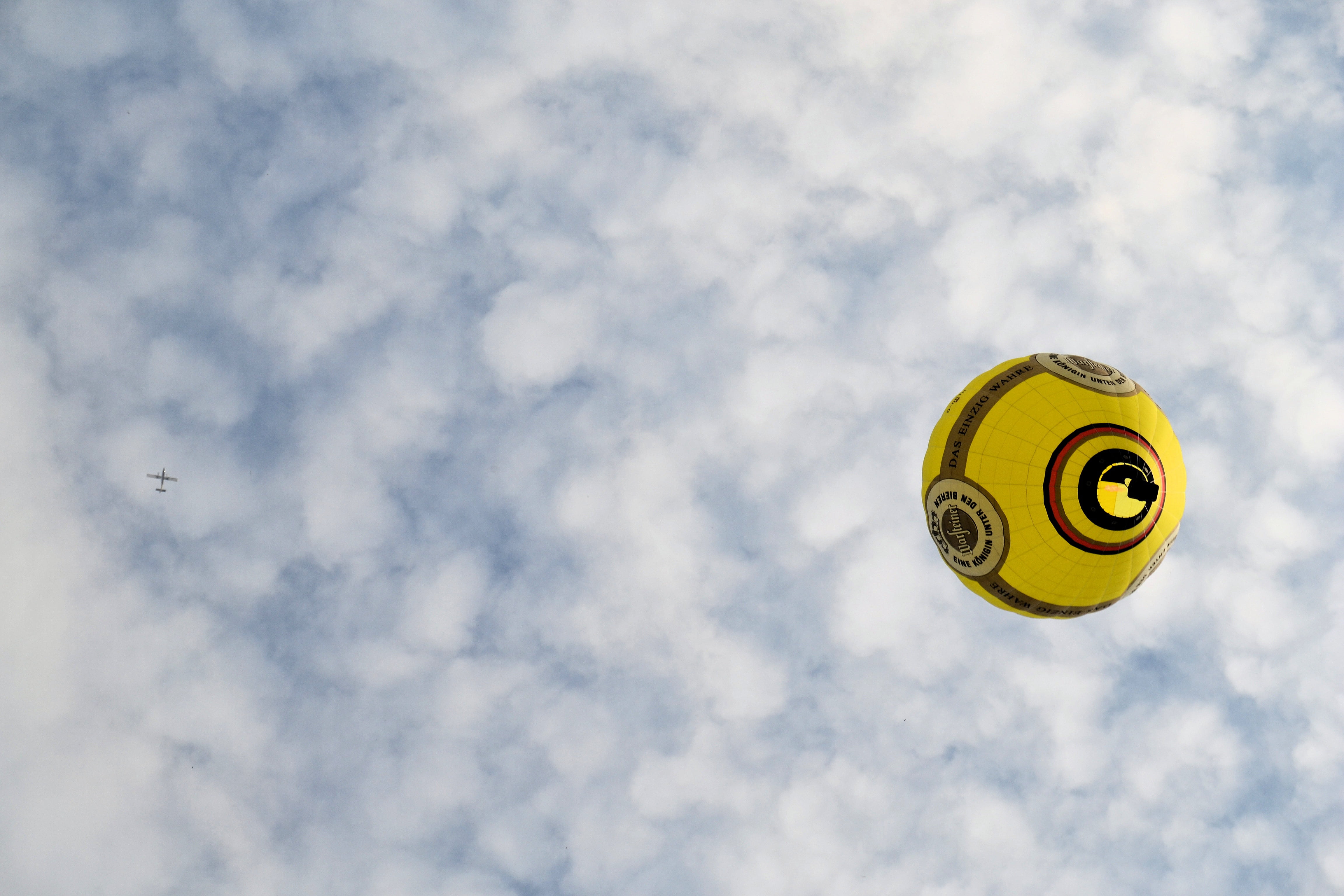 copy space, sky, digital composite, no people, directly above, outdoors, balloon, sport, yellow, clouds, aviation, representation, low angle view, above the clouds, HD Wallpaper