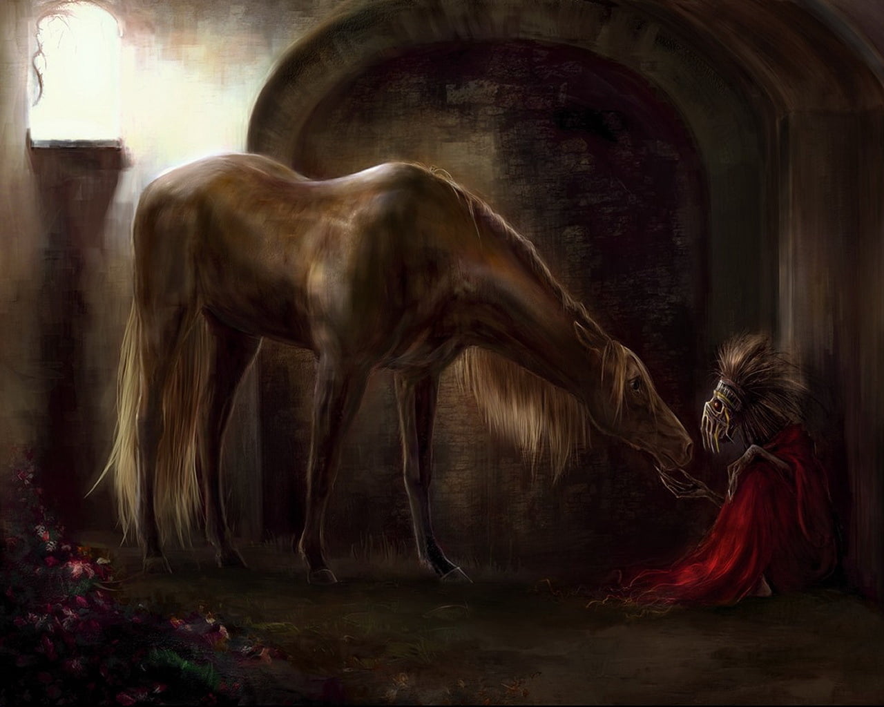 hair, hairstyle, profile view, 720P, domestic animals, nature, long hair, architecture, women, horse, digital composite, skeleton, full length, brown, HD Wallpaper