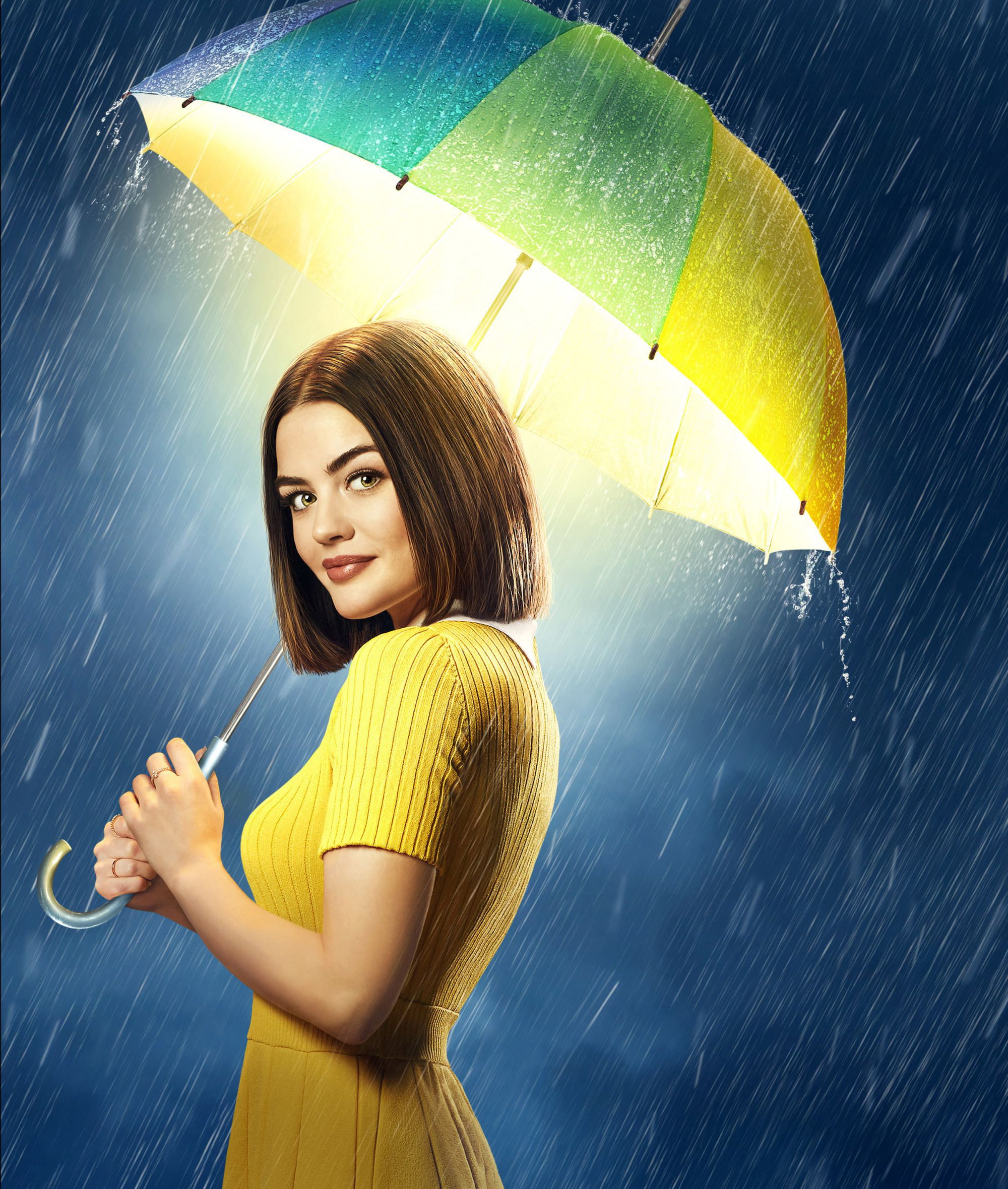 young adult, adult, rain, studio shot, women, beauty, teenager, long hair, young women, Lucy Hale, wet, one person, emotion, yellow, Life Sentence, 2018, Phone HD Wallpaper