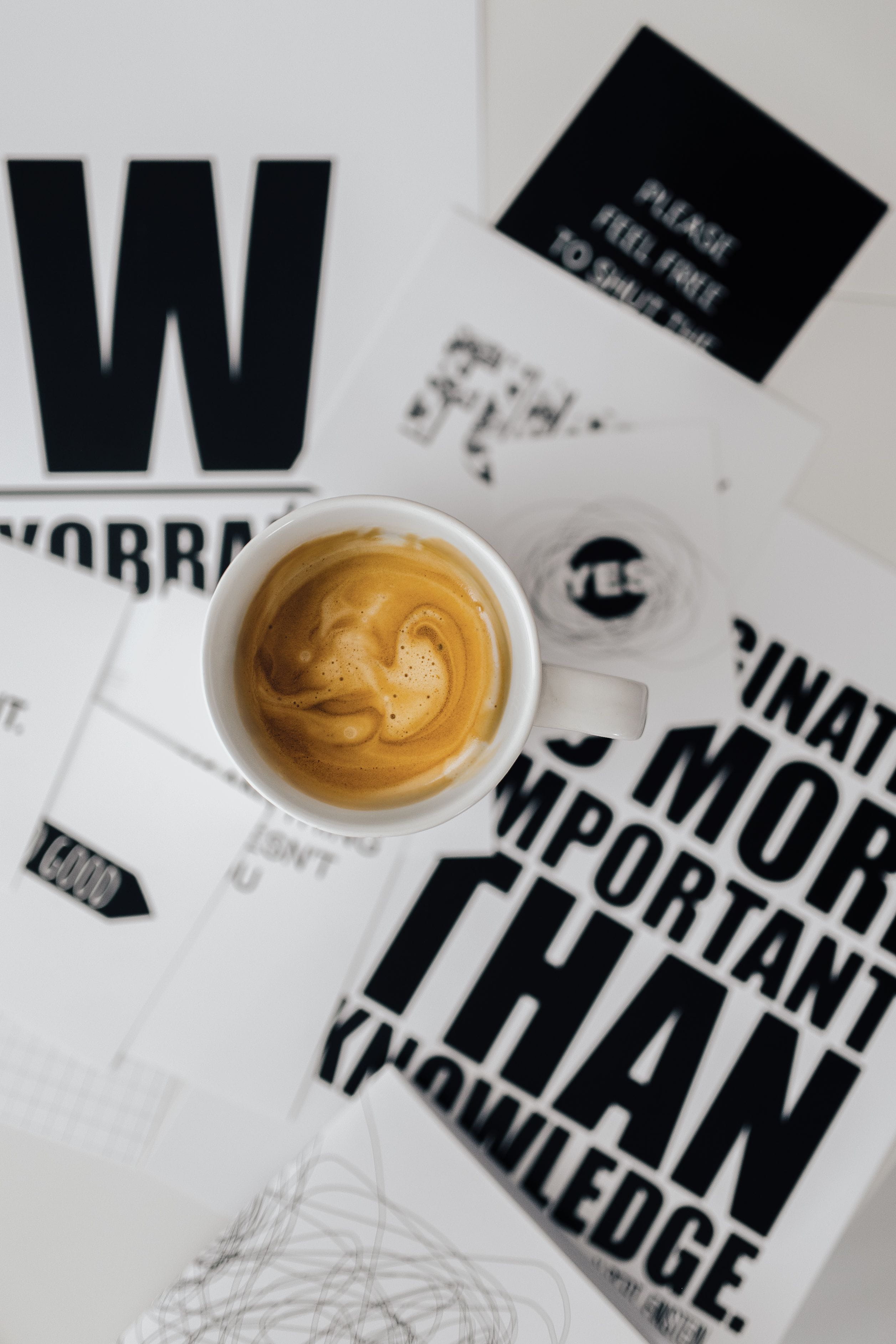 flatlay, top view, flat, computer, coffee - drink, indoors, black, table, top, 2K, coffee cup, coffee, black and white, communication, text, glass, letters, Phone HD Wallpaper