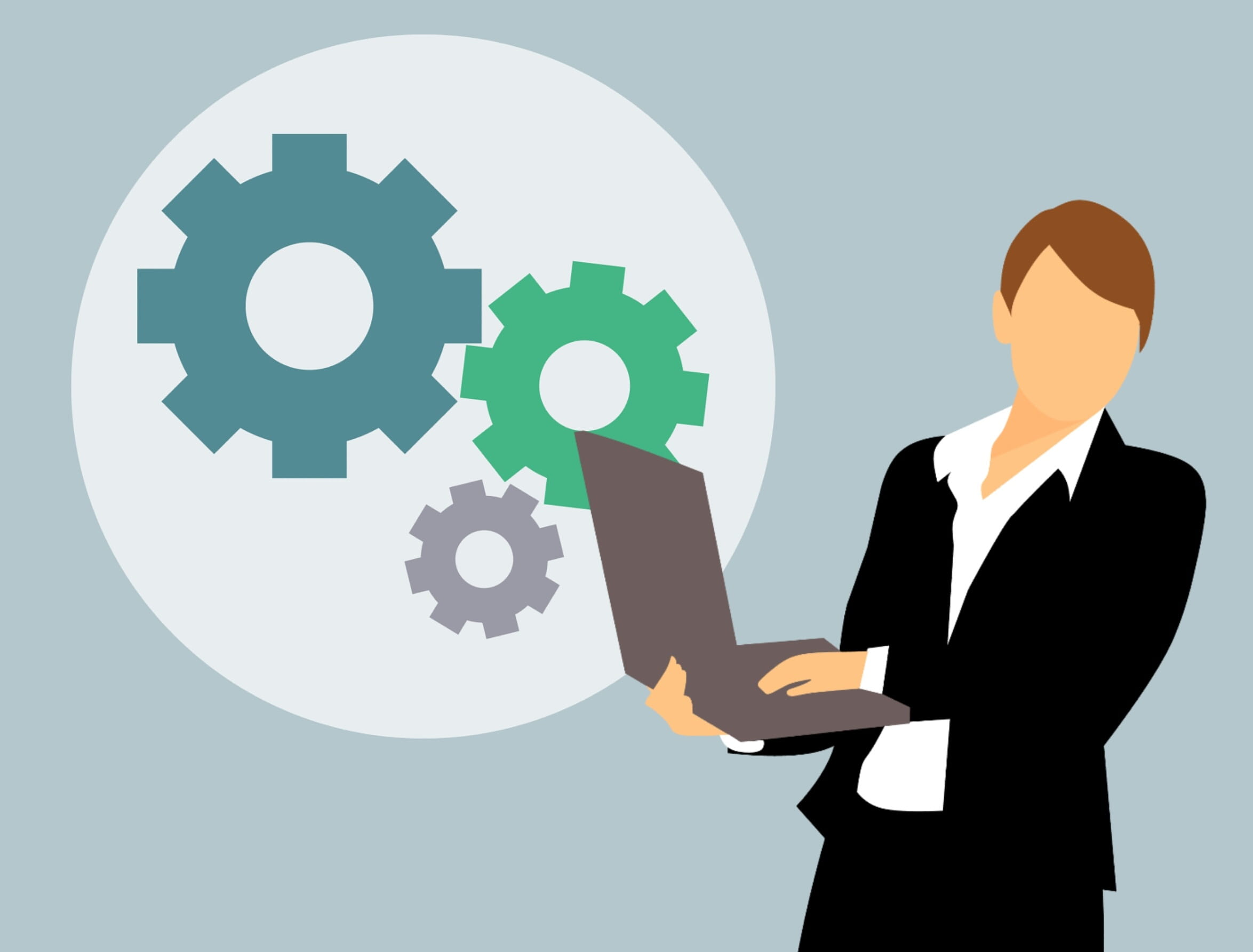 adult, person, programmer, internet, symbol, gears, business, suit, holding, development, business person, technology, computer network, cartoon character, HD Wallpaper