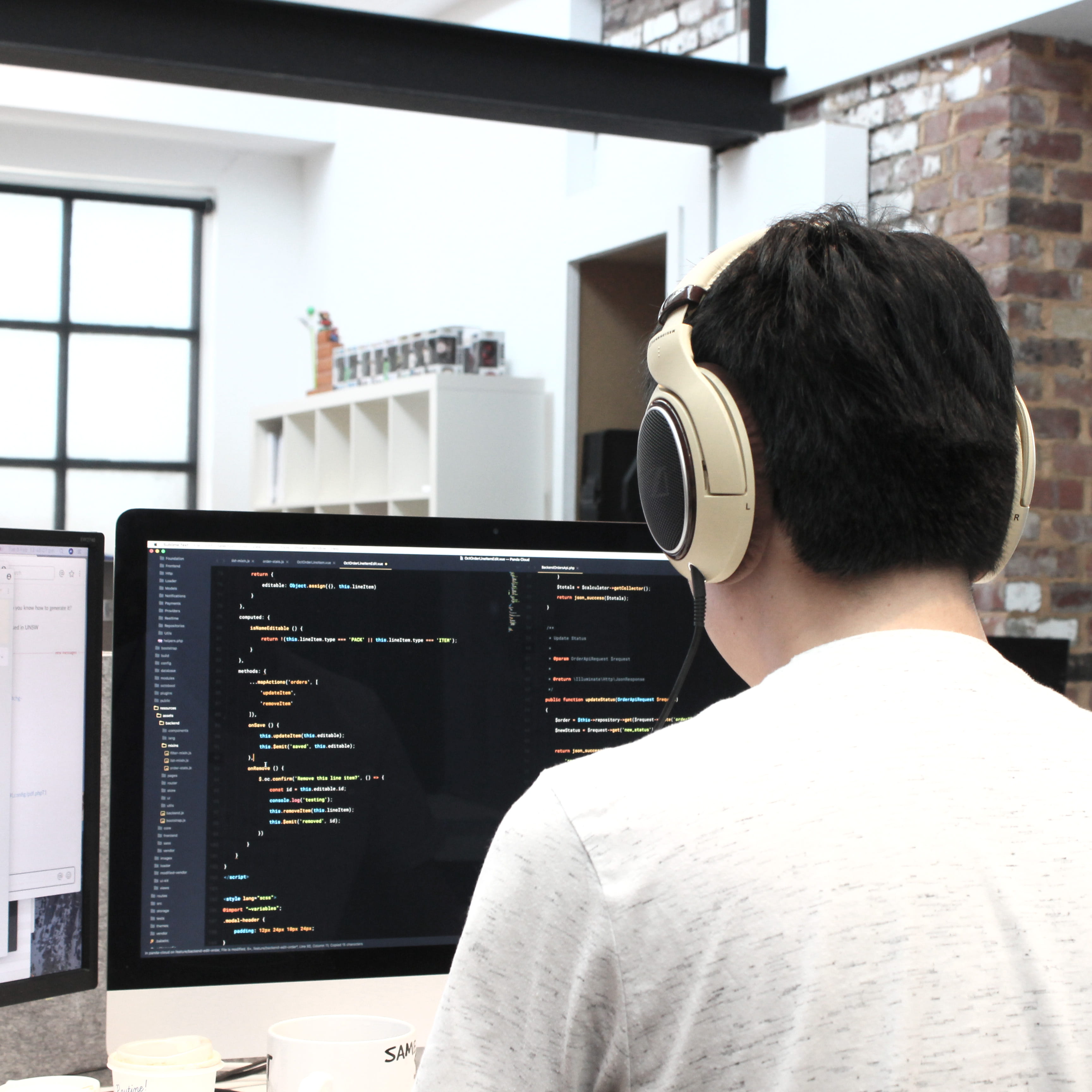 focus on foreground, using, person, screen, development, man, programming, day, minimal, rear view, windsor, people, one person, computer, headphones, casual clothing, Phone HD Wallpaper