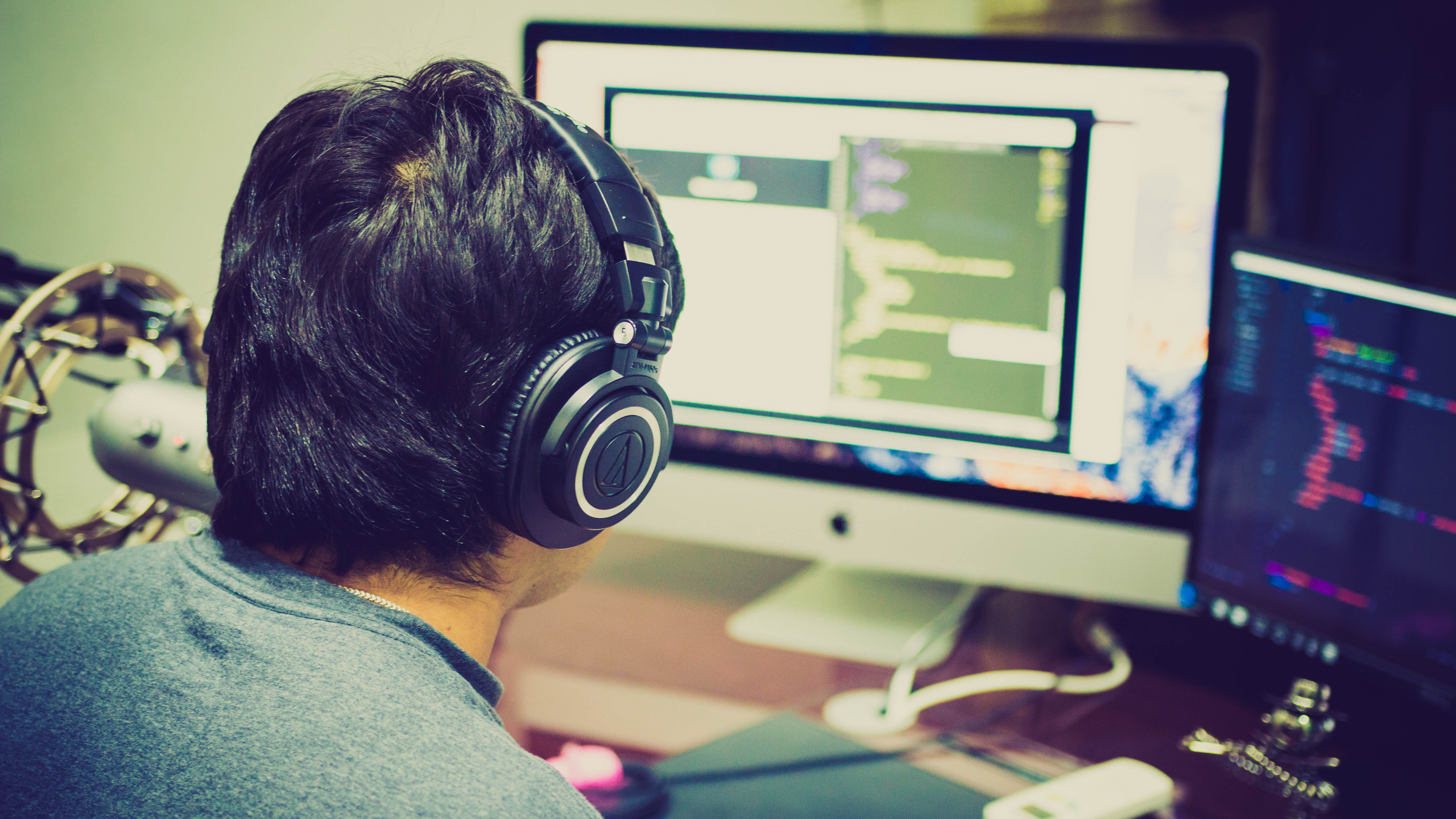 person, information technology, gaming, focus, photography, headphones, programmer, portrait, using computer, desktop pc, 5K, computer equipment, headshot, HD Wallpaper