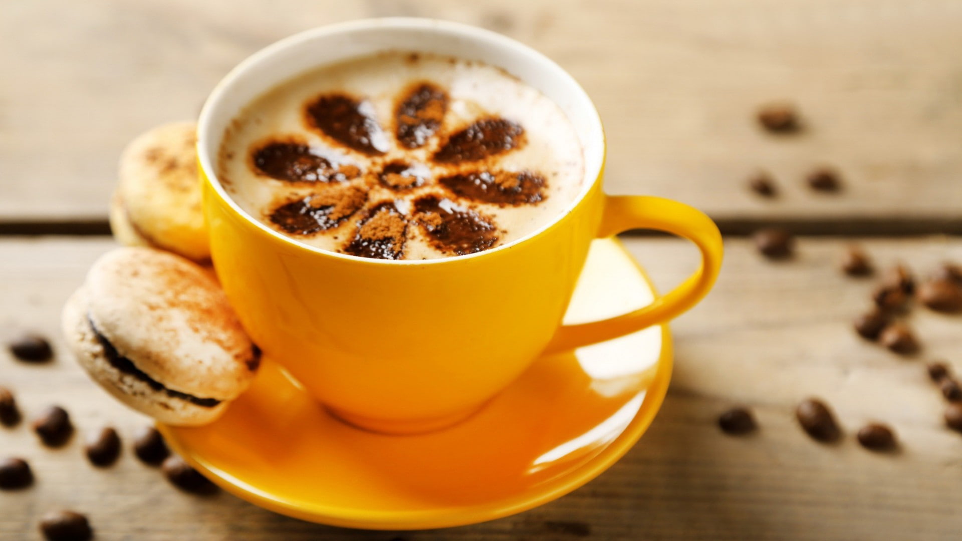 close-up, coffee beans, 1080P, indoors, coffee - drink, drink, yellow, food, still life, table, freshness, wooden surface, crockery, mug, heat - temperature, HD Wallpaper