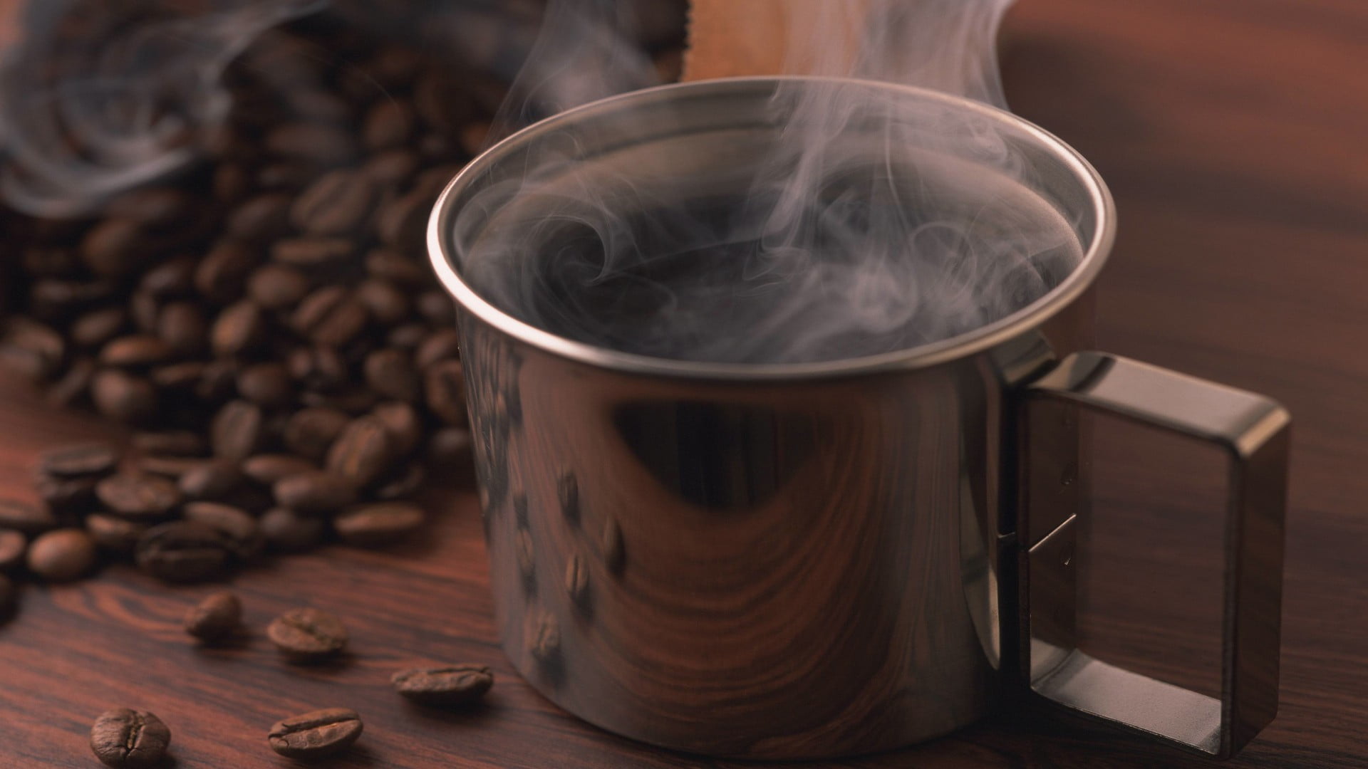 glass, table, indoors, depth of field, silver, cup, no people, heat - temperature, food, caffeine, wood - material, food and drink, roasted coffee bean, HD Wallpaper