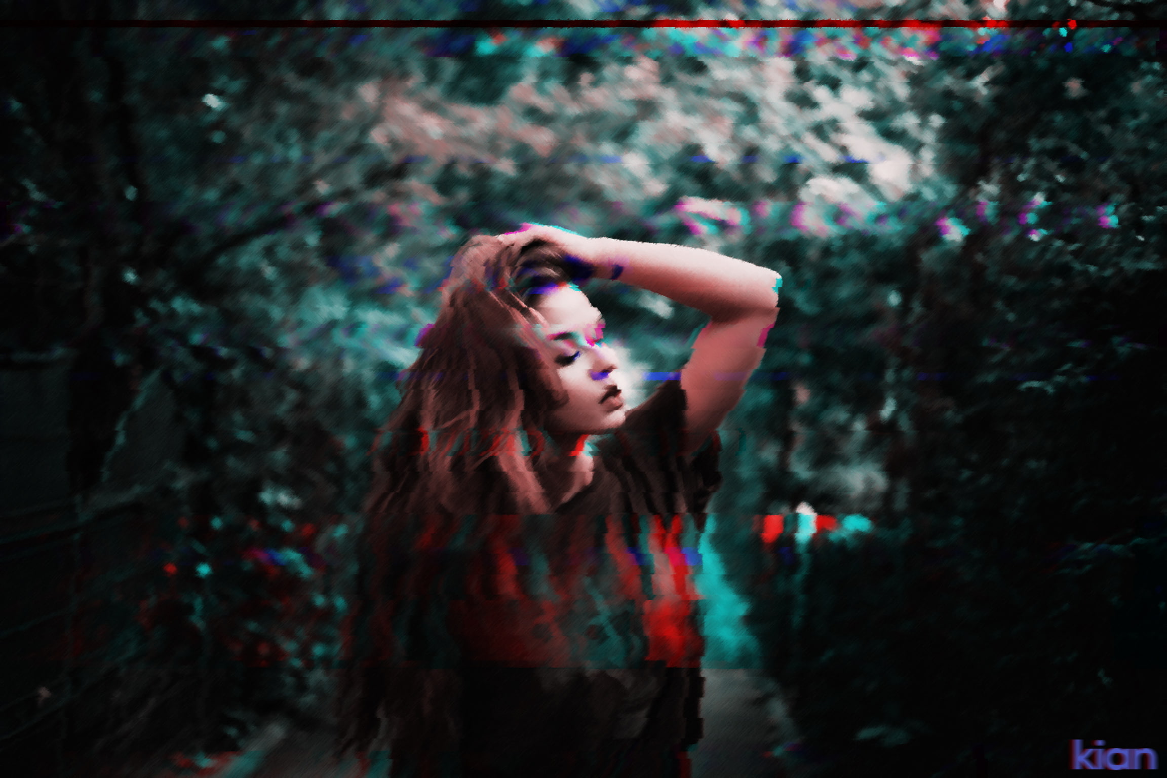 focus on foreground, one person, glitch art, teenager, long hair, outdoors, brown hair, portrait, arms raised, looking, women, red, 1080P, hairstyle, The Following, HD Wallpaper