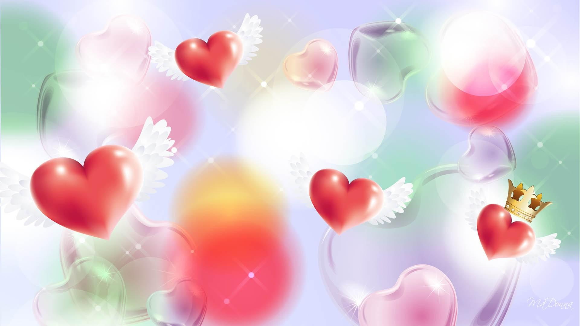 illustraion, 3d and abstract, lavender, green, love, colors, heart, 1080P, pink, winged hearts, valentines day, wings, HD Wallpaper