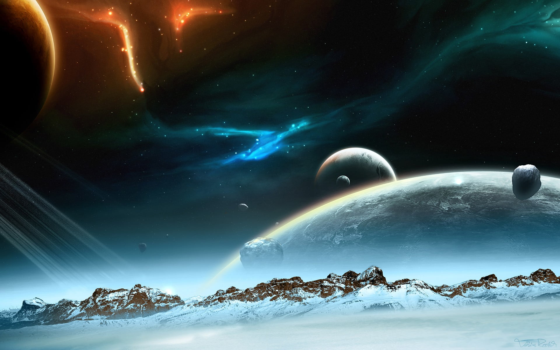 star - space, scenics - nature, 1080P, mountains, illuminated, tranquility, planets, mountain, space art, stars, illustraion, long exposure, digital art, HD Wallpaper