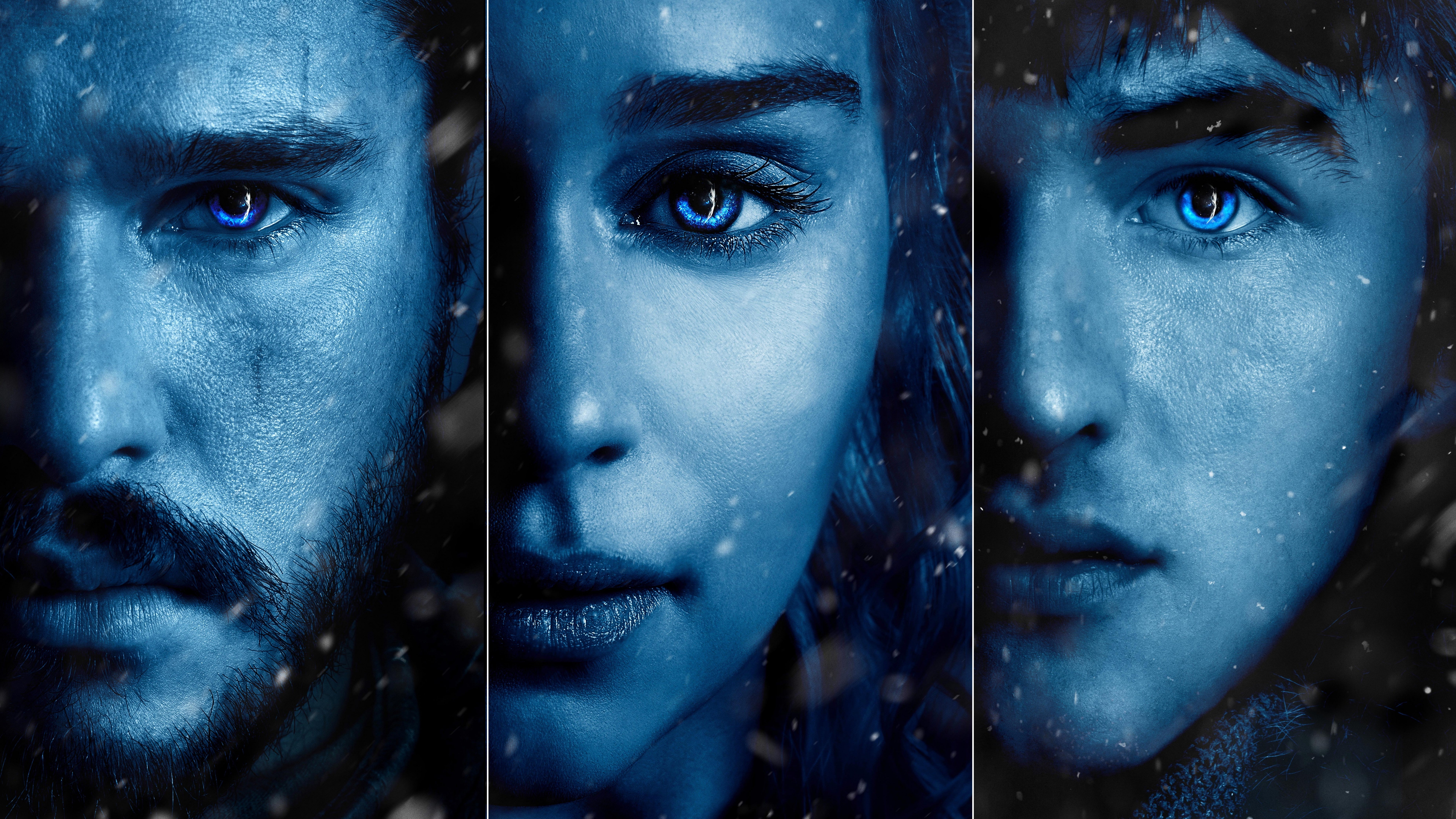 half, Jon Snow, 8K, 8k, Kit Harington, Game of Thrones Season 7, Brandon Stark, face, illustraion, Emilia Clarke, TV Series, three, Daenerys Targaryen, HD Wallpaper