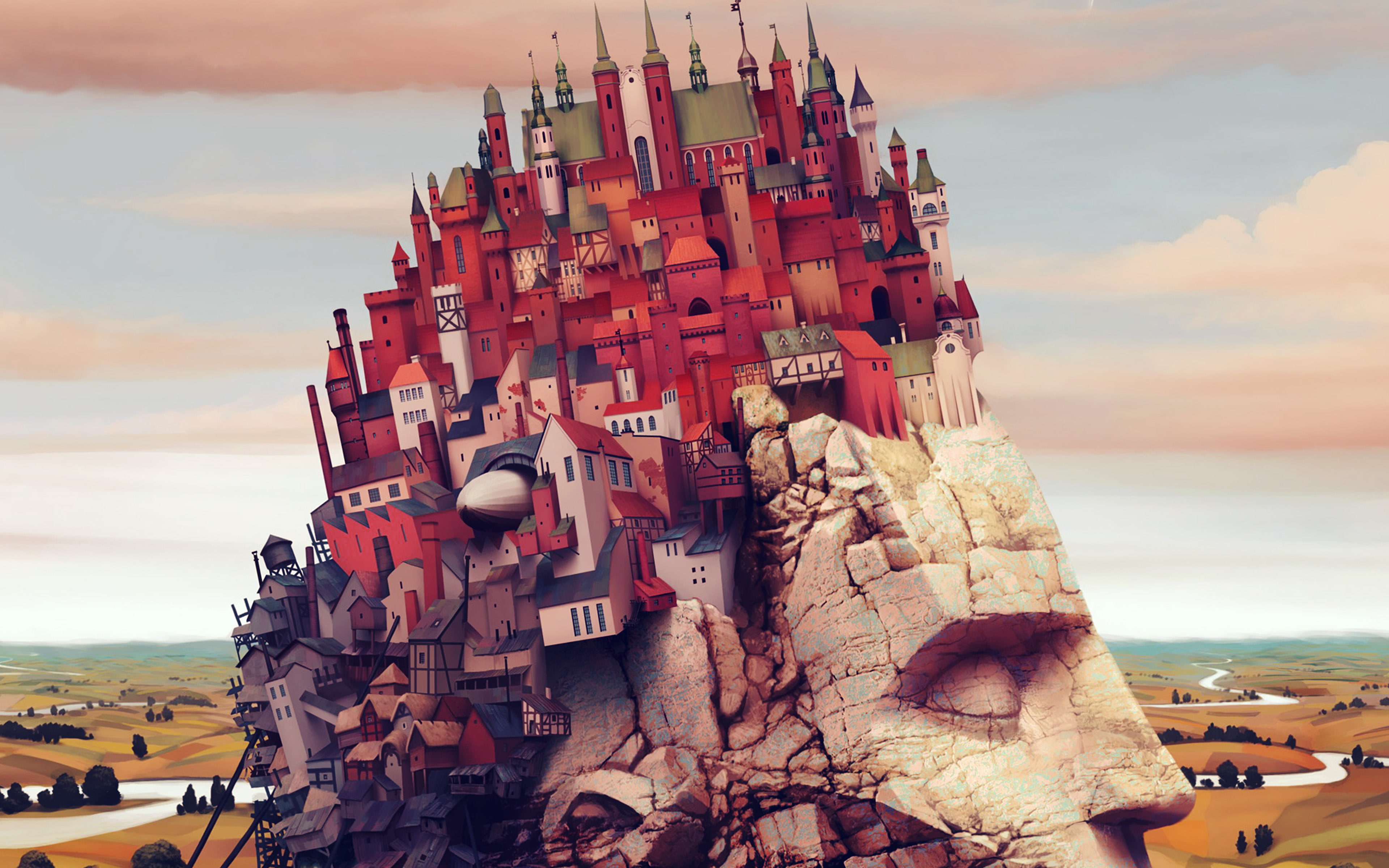 mountain, castle, 4K, illustraion, art, color, HD Wallpaper