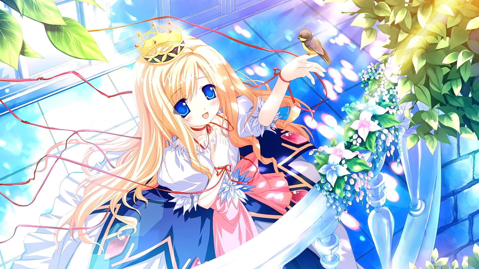 anime girls, long hair, smiling, blue eyes, blonde, flowers, Arietta (Lyrical Lyric), animals, looking away, Lyrical Lyric, anime, birds, 1080P, HD Wallpaper