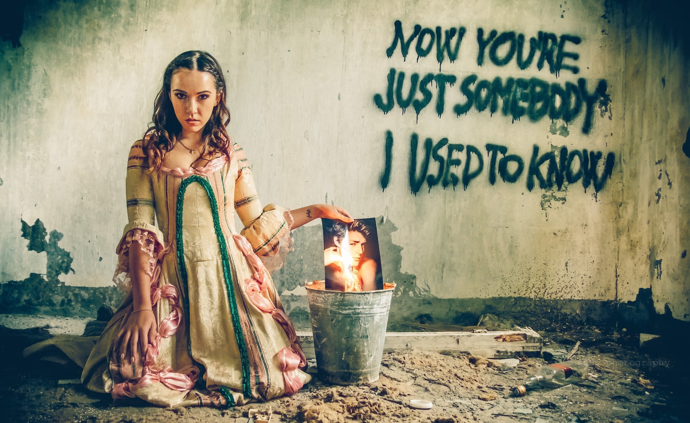 beauty, lyrics, full length, hairstyle, fire, women, one person, lifestyles, graffiti, front view, burning, looking at camera, fashion, bucket, young women, HD Wallpaper