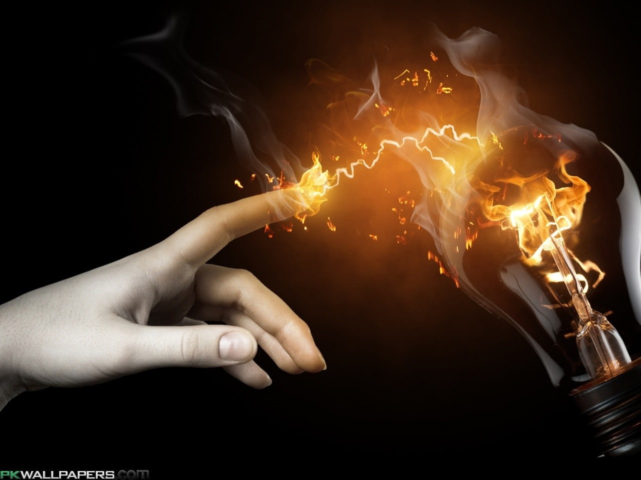 fingers, fire, lamp, digital art, electricity, smoke, black background, hands, 720P, lightbulb, HD Wallpaper