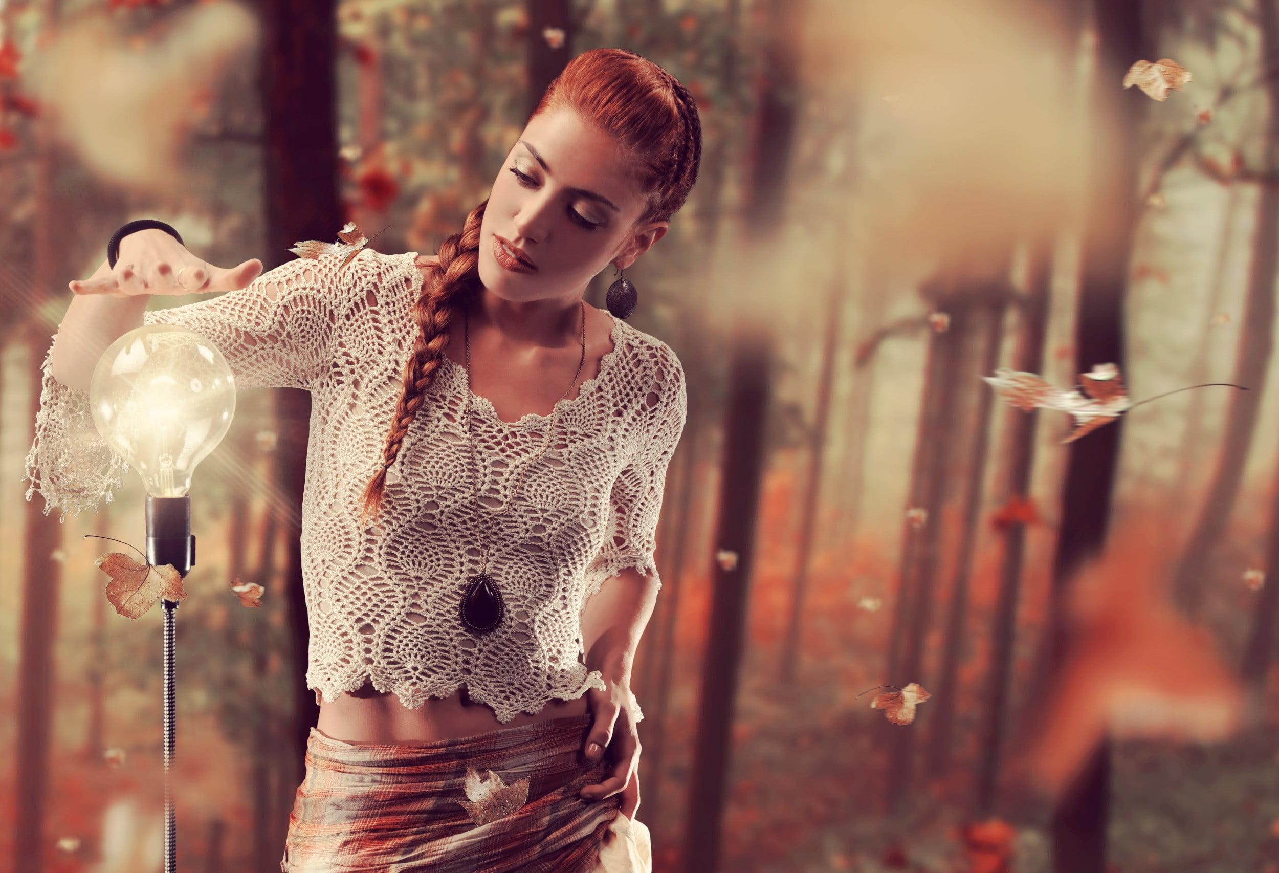 looking, brown hair, young women, beauty, holding, nature, model, tree, lightbulb, white, 1080P, women, shirt, beautiful woman, beautiful people, wearing, HD Wallpaper