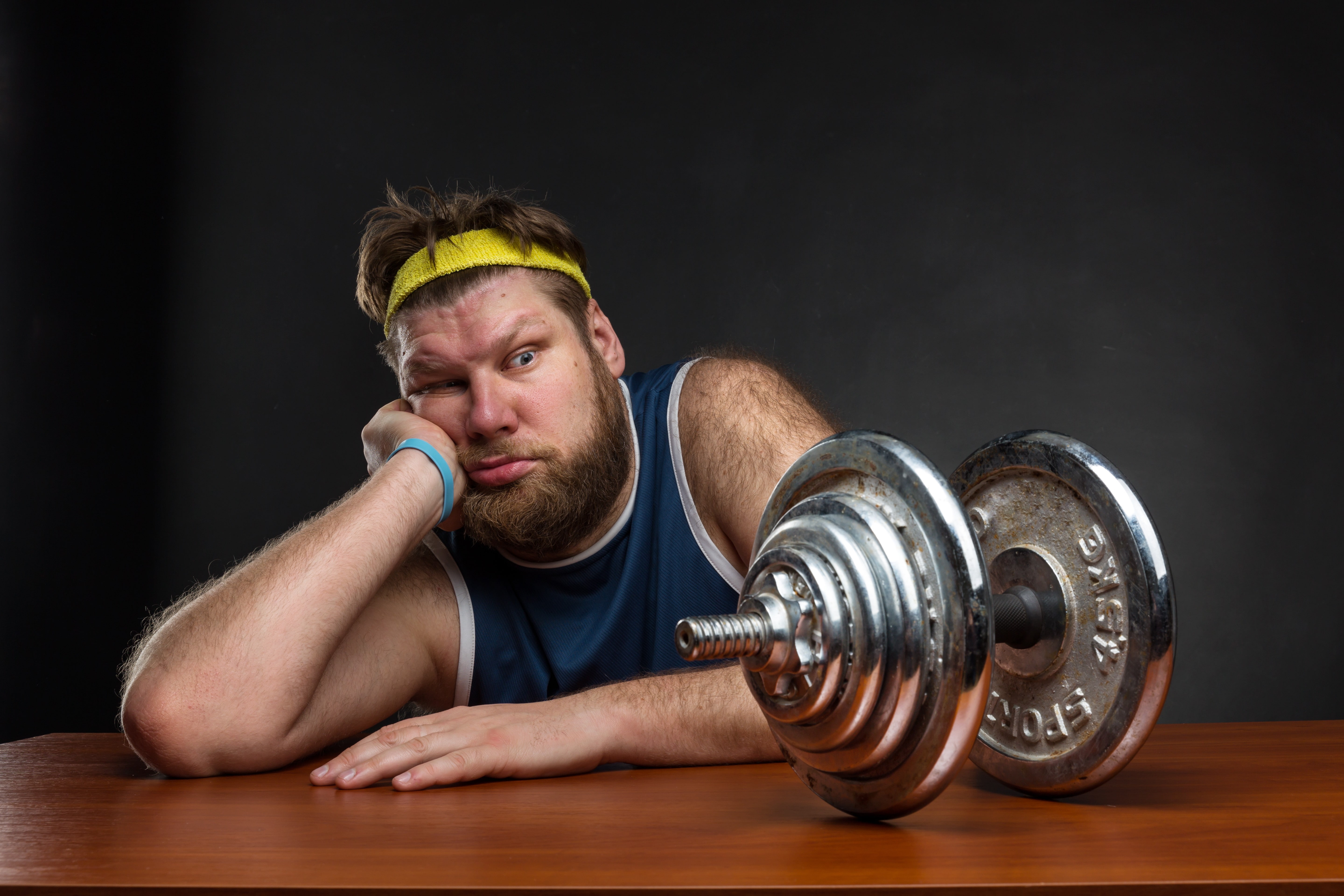 humor, beards, thinking, metal, dumbbells, men, hair, 5K, lazy, Bodybuilder, HD Wallpaper