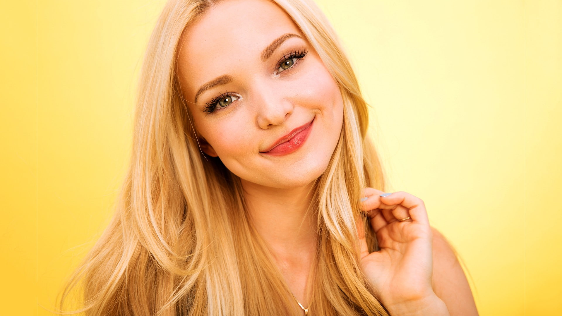 portrait, blonde, looking at viewer, Dove Cameron, yellow background, women, omen, smiling, 1080P, long hair, HD Wallpaper