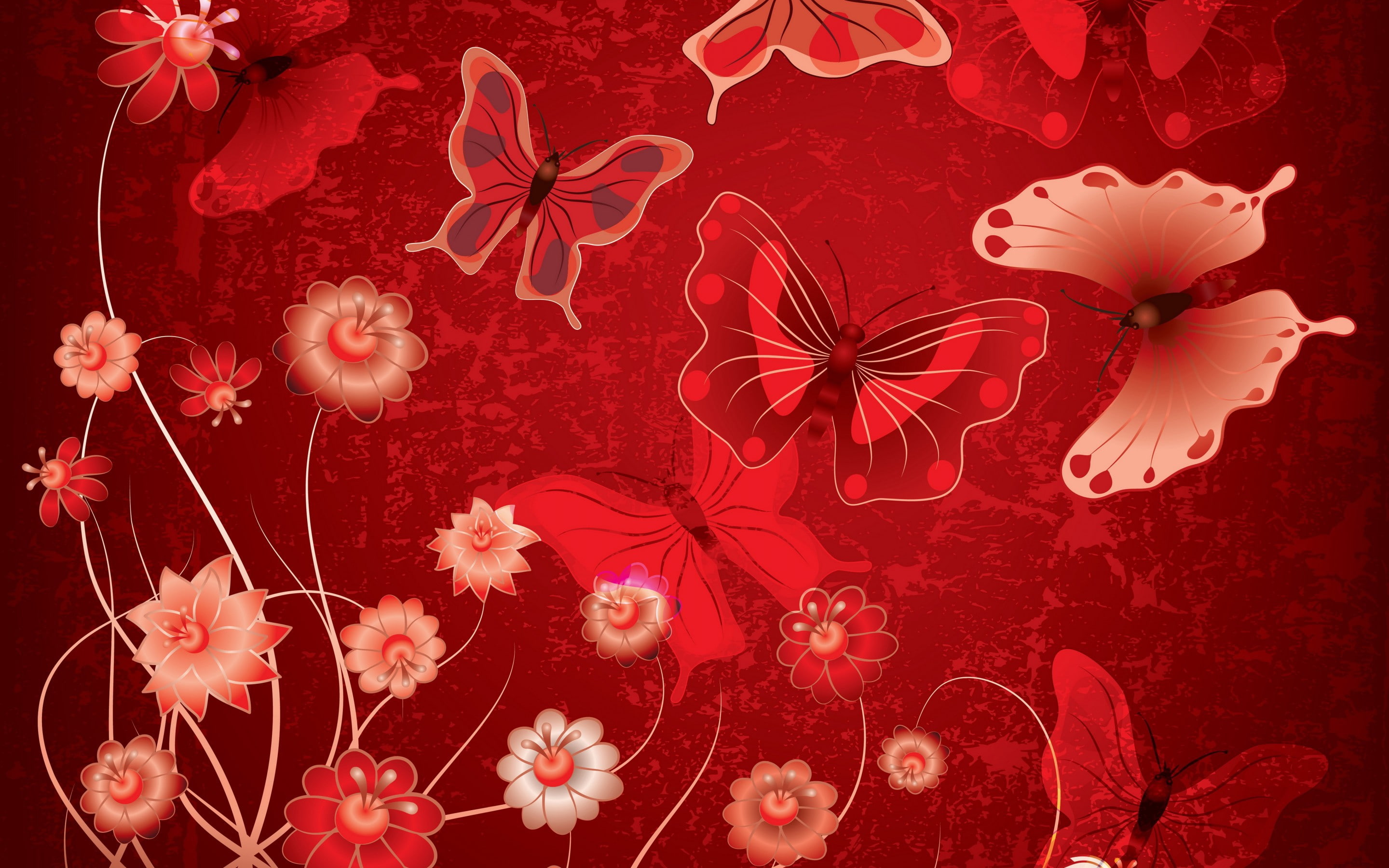 white, floral, flowers, grunge, illustration, butterflies, Red, 2K, brown, abstract, design, HD Wallpaper