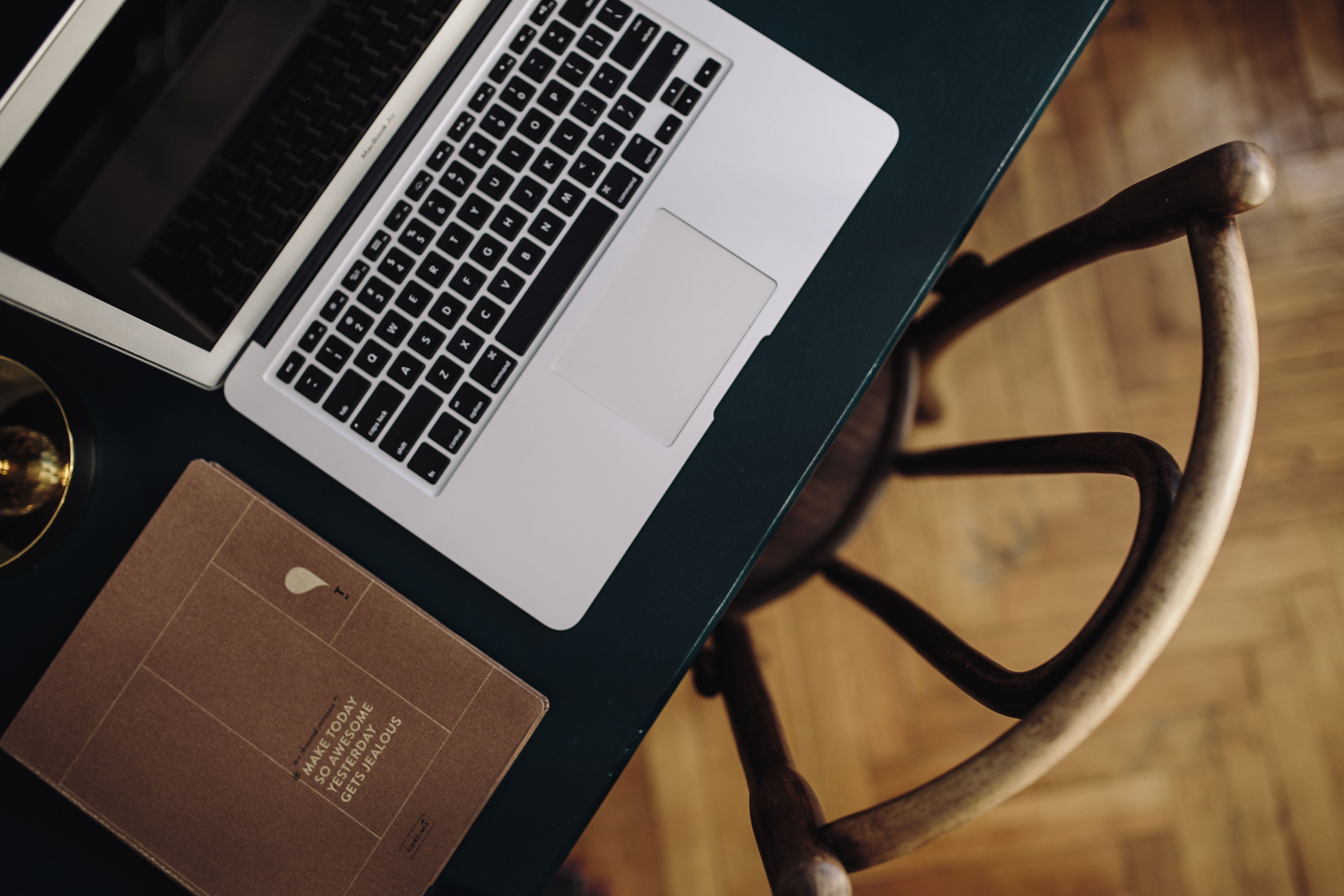 interior design, 5K, workplace, close-up, laptop, technology, keyboard, modern, dark desk, gold accessories, connection, notebook, decorations, wooden desk, HD Wallpaper