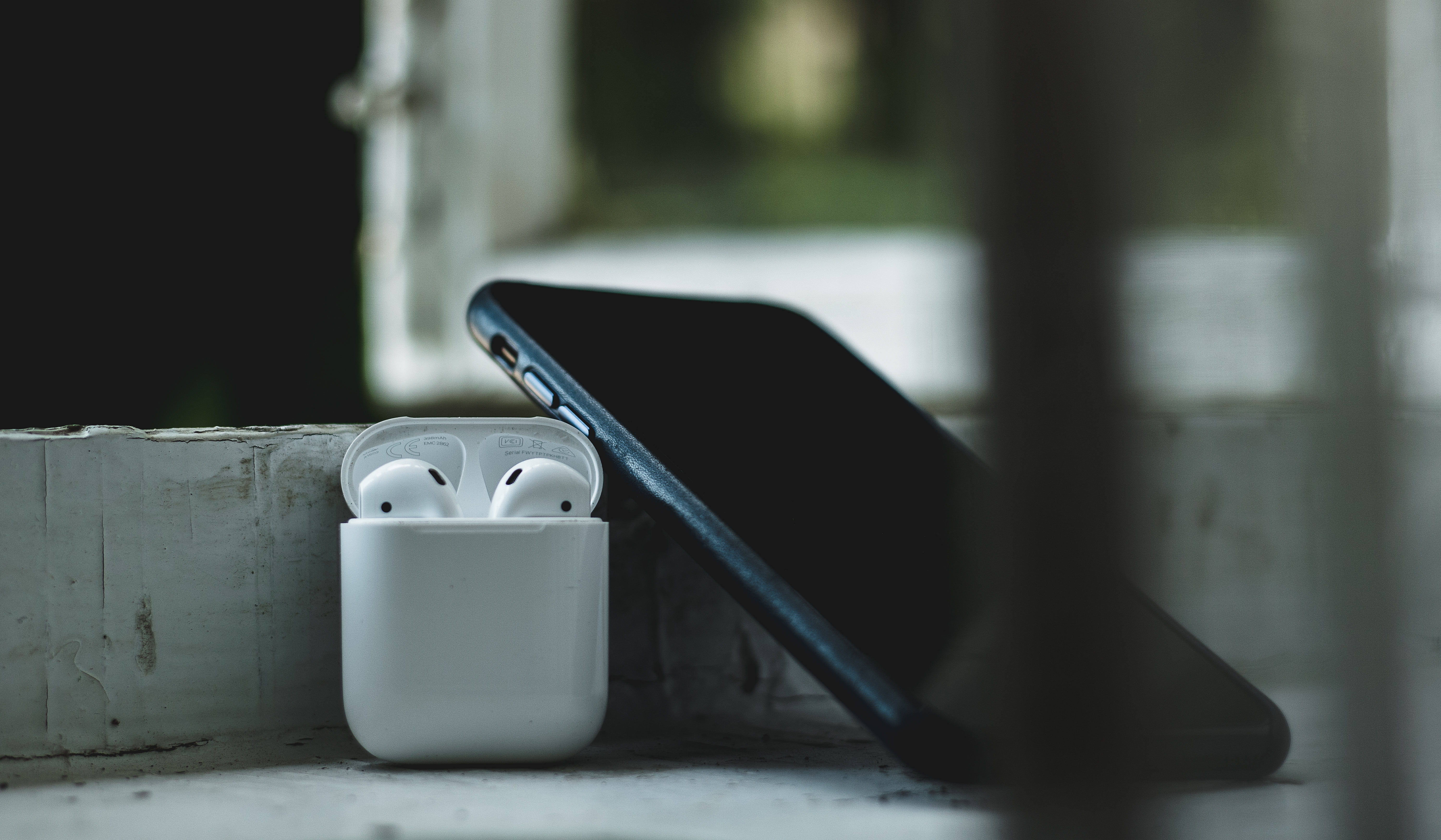 selective focus, still life, technology, apple, focus on foreground, wireless technology, 5K, personal accessory, close-up, black color, open, airpods, HD Wallpaper