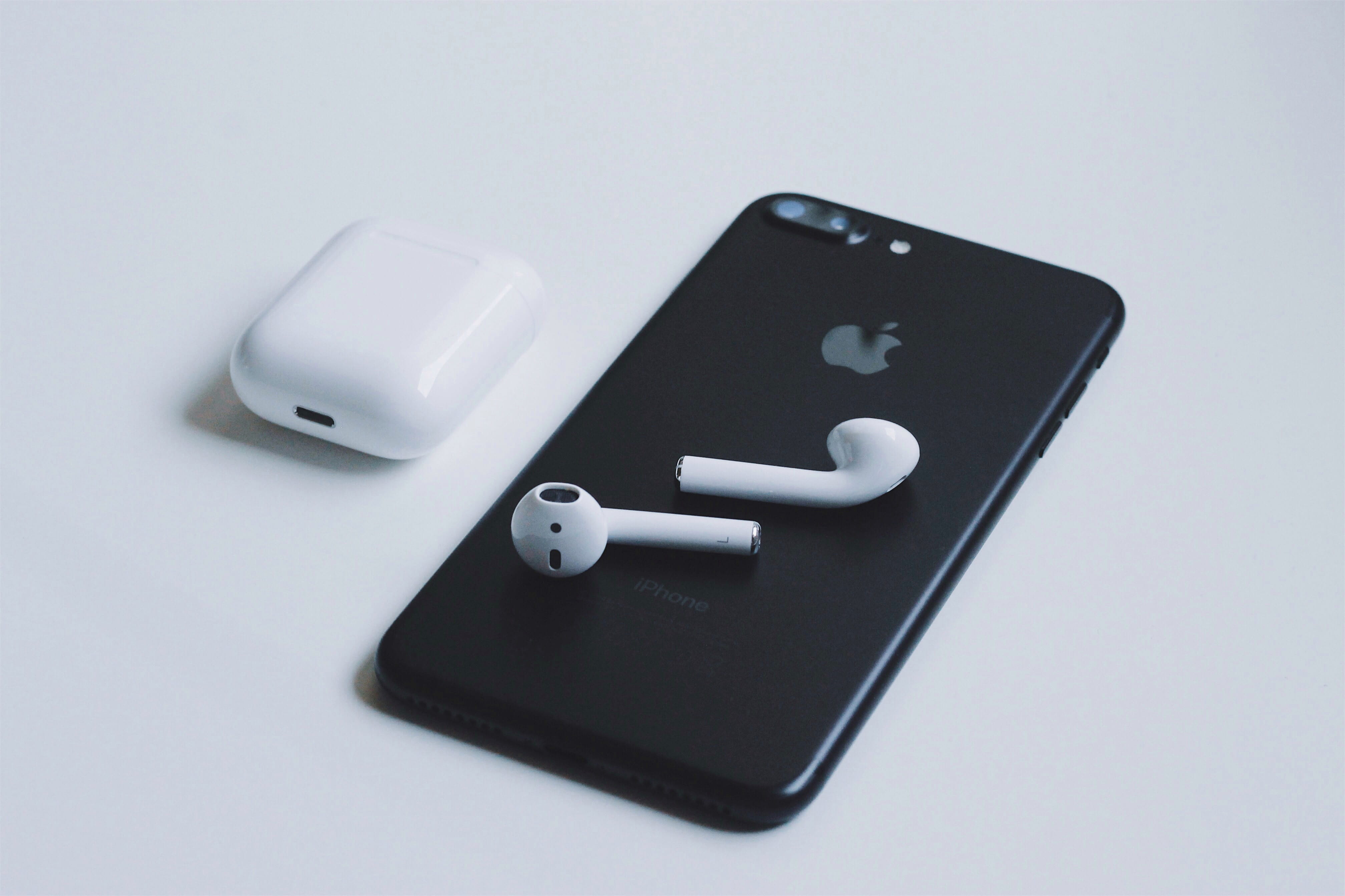 phone, mobile, blue background, healthcare and medicine, tech, white color, two objects, still life, electrical equipment, simplicity, 4K, airpods, communication, HD Wallpaper