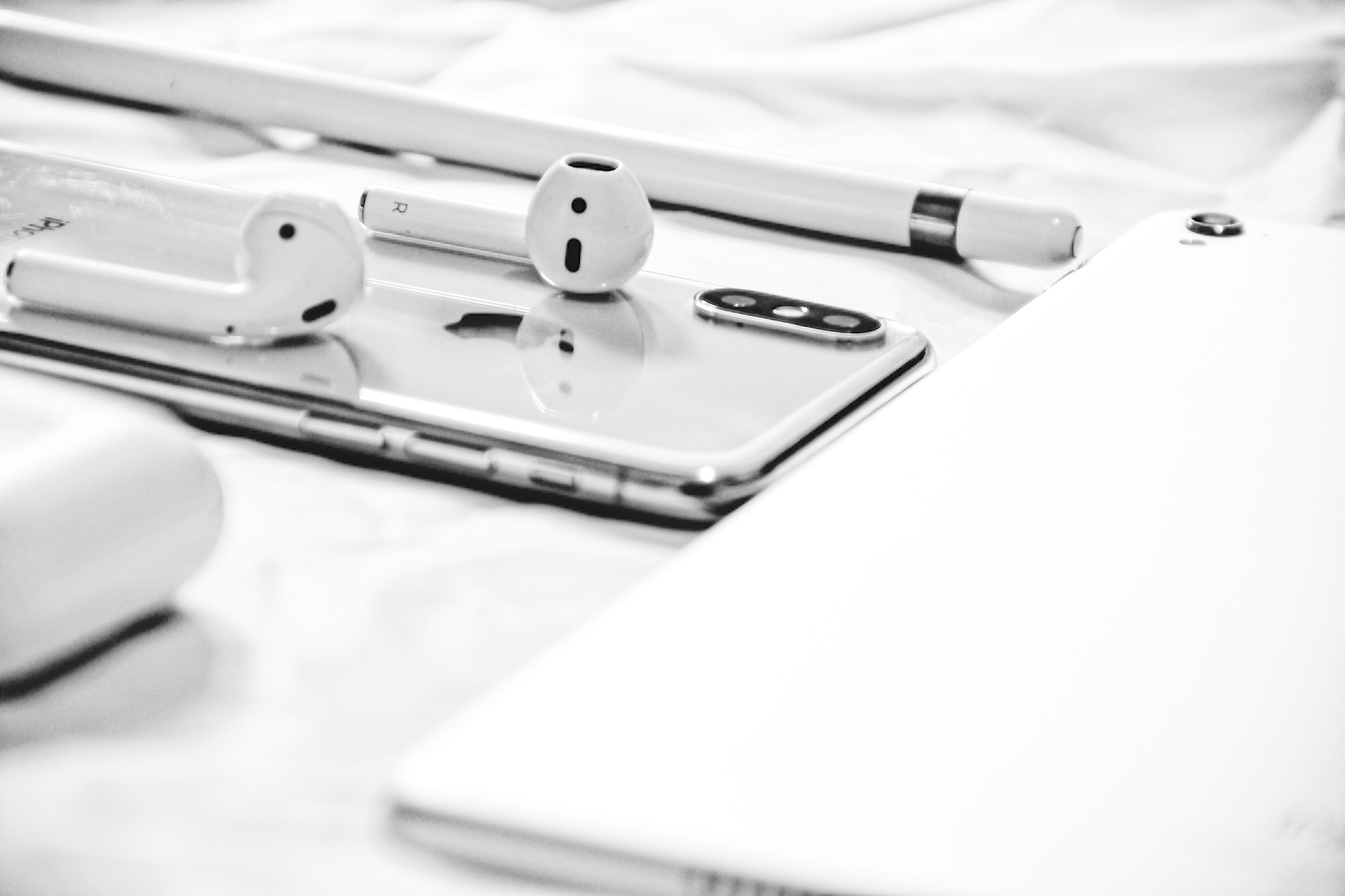 pencil, silver, untitled, still life, high angle view, metal, selective focus, airpod, airpods, communication, beside, x, white background, wireless technology, HD Wallpaper