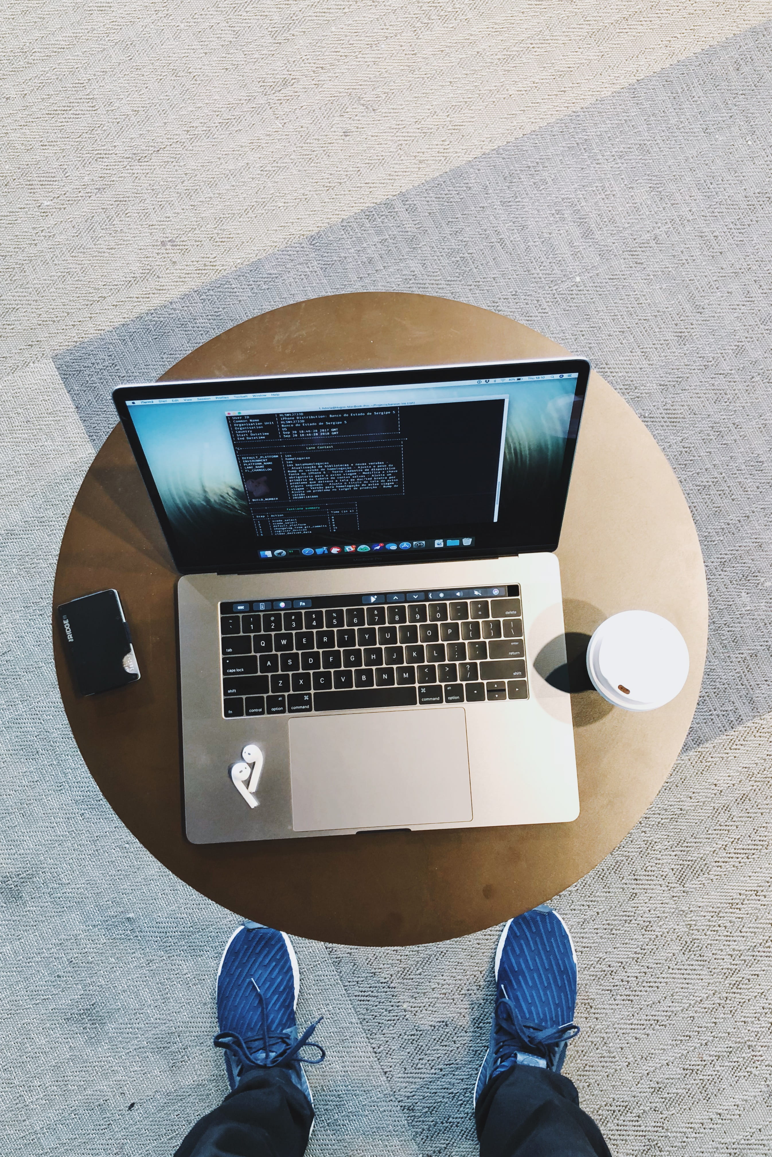 low section, using laptop, apple, technology, keyboard, airpods, table, computer equipment, coffee, connection, macbookpro, laptop, human foot, men, standing, Phone HD Wallpaper