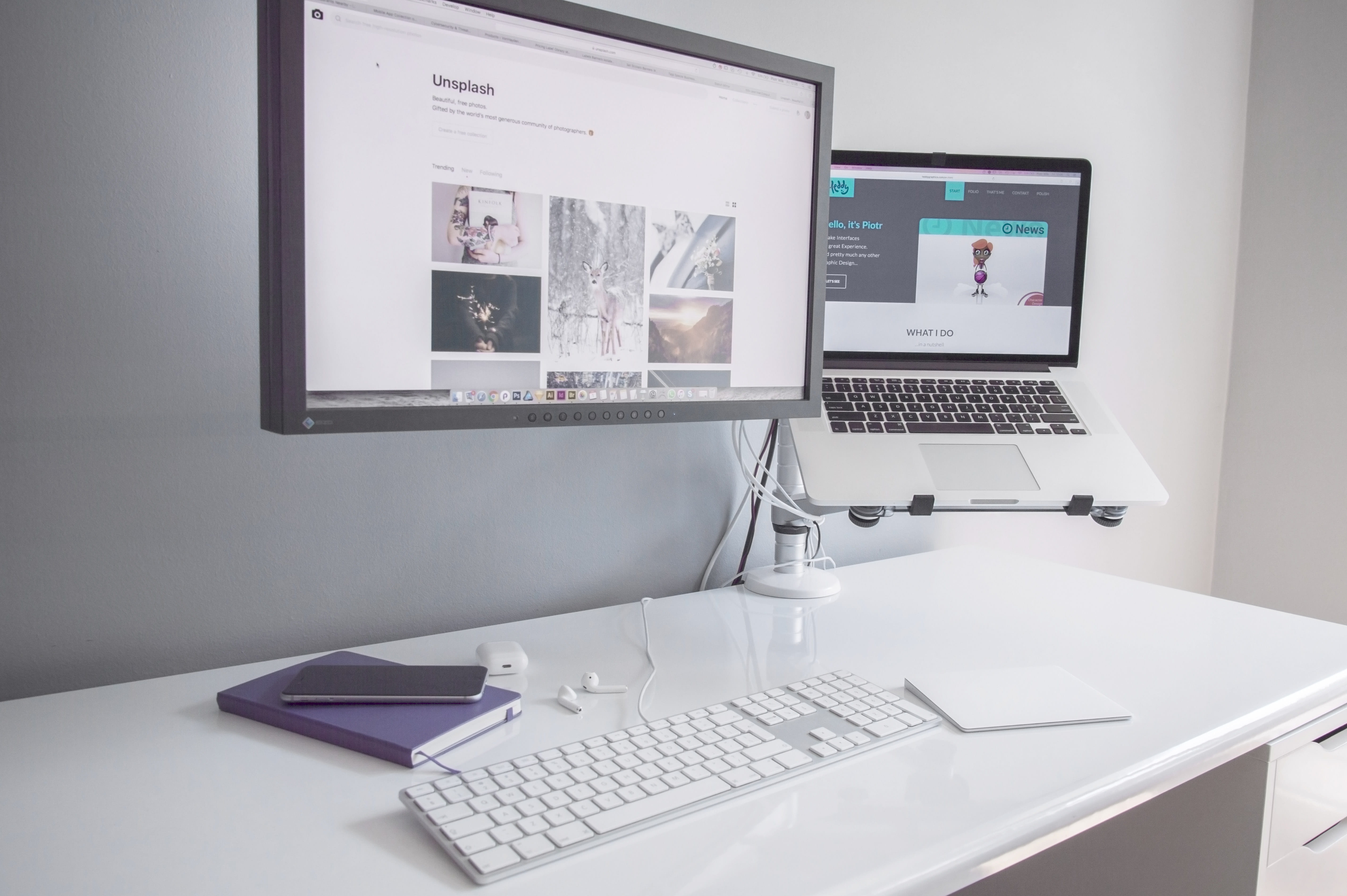 silver, no people, mac, computer monitor, internet, communication, morning work, home desk, indoors, connection, wooden, computer keyboard, 5K, table, HD Wallpaper