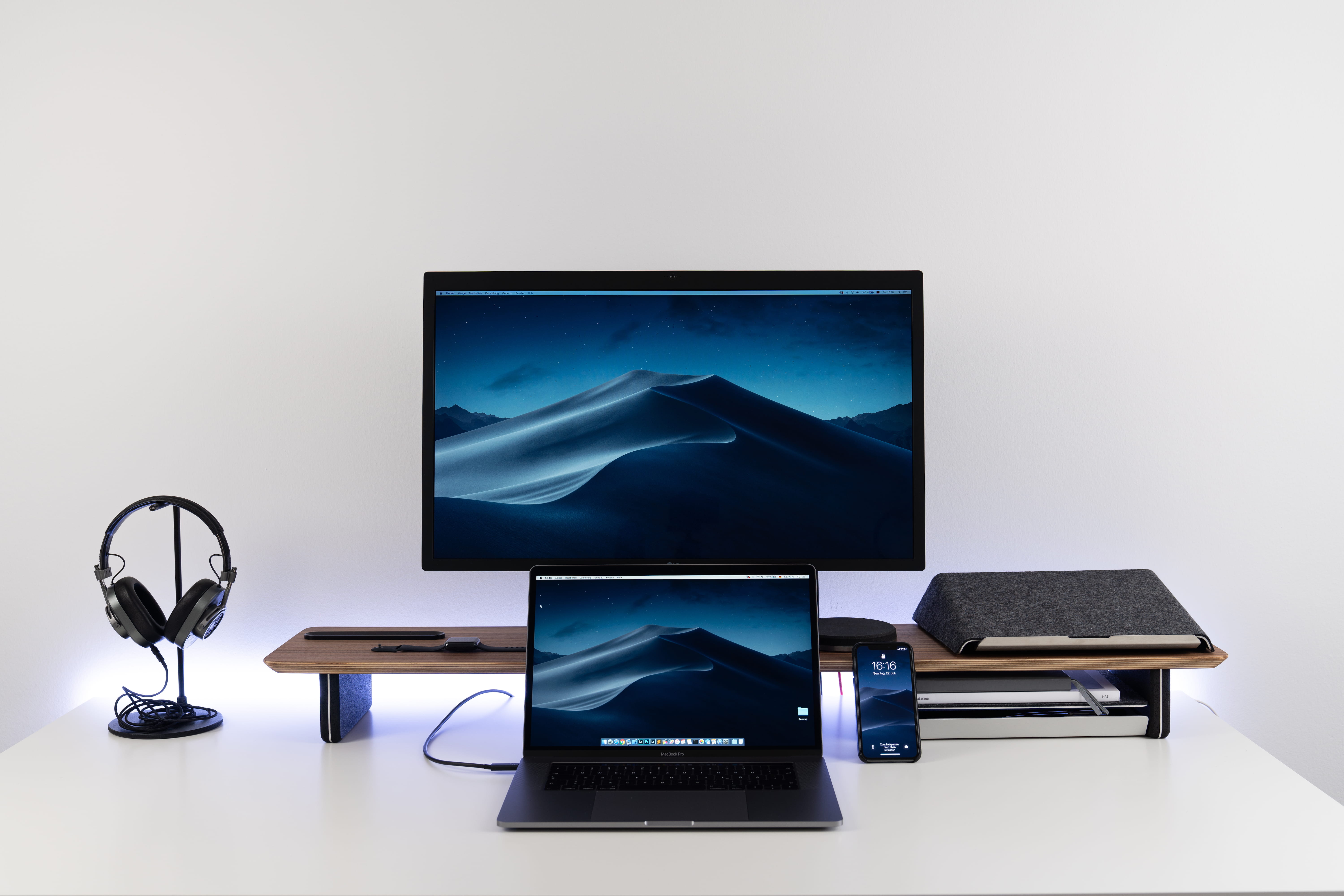 office, business, indoors, computer Keyboard, blue, lifx, iphone x, flat, dark, apple watch, equipment, desk, pC, grovemade, desktop PC, computer, liquid-Crystal Display, HD Wallpaper