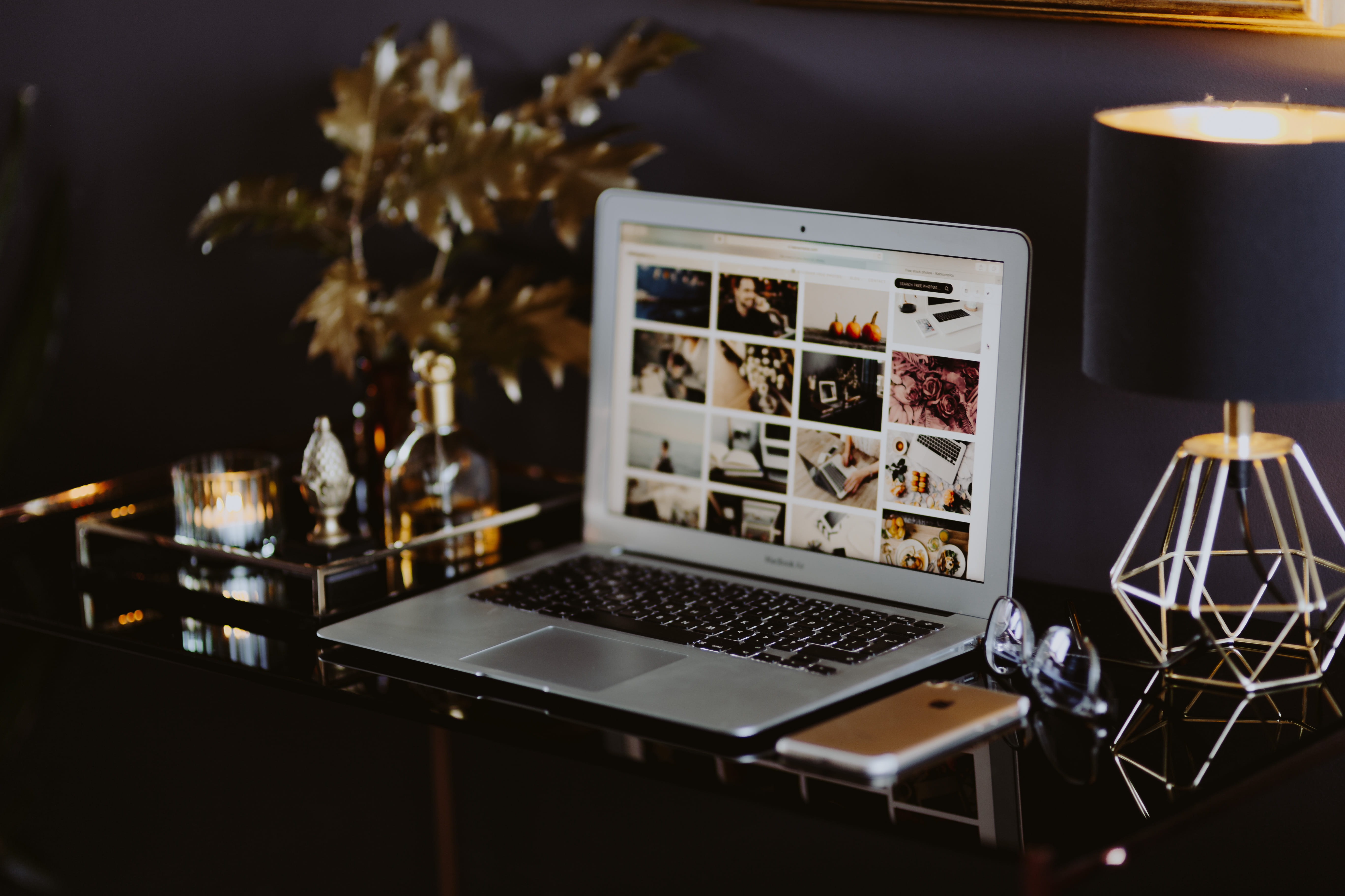 golden, gold, tech, lighting equipment, work, domestic room, celebration, vase, painting, plant, illuminated, home interior, home, macbook air, office, HD Wallpaper