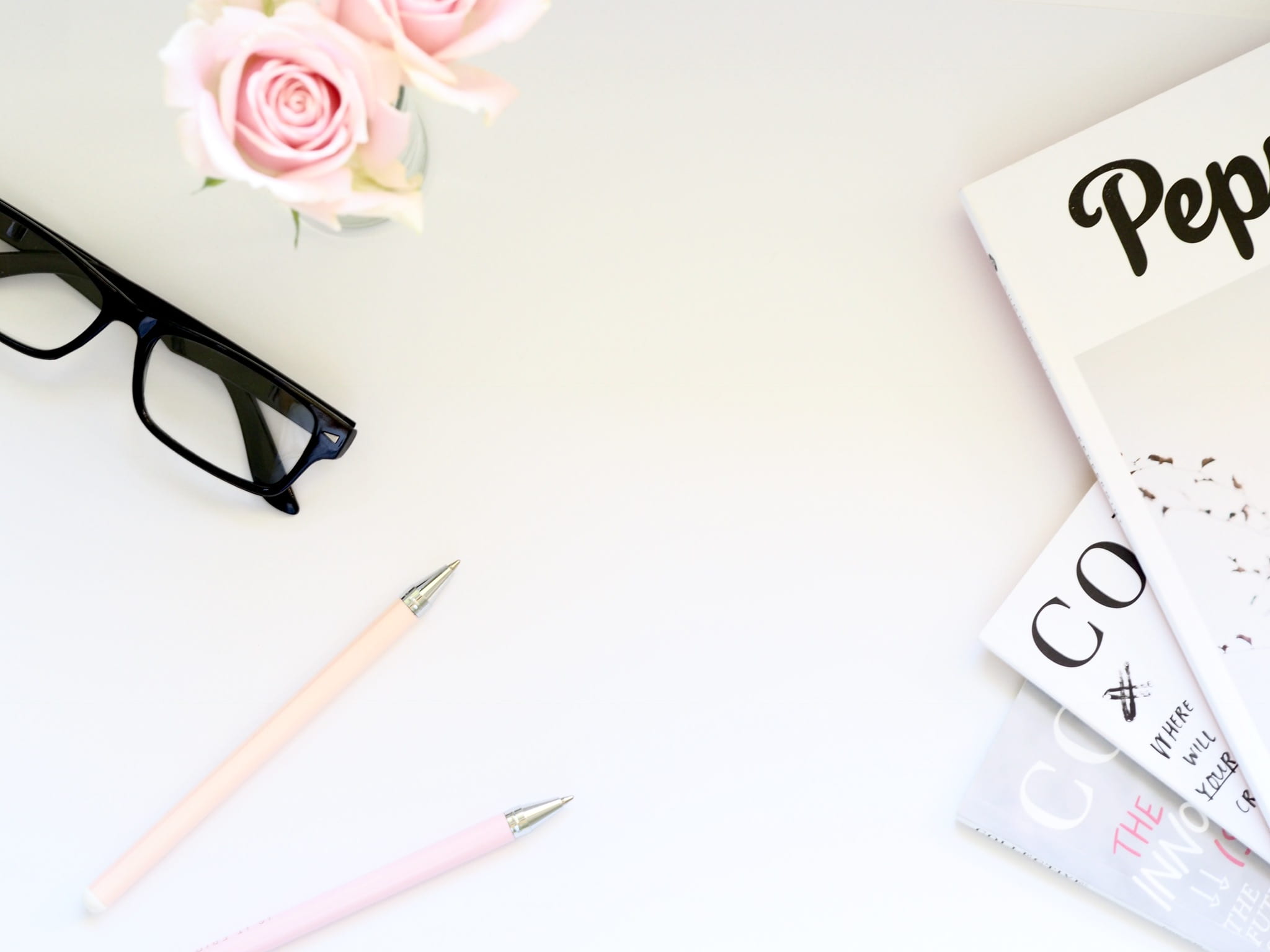 desktop, indoors, pen, table, flower, beside, business, rose - flower, white background, girlboss, rose, white space, create, studio shot, simple, copy space, HD Wallpaper