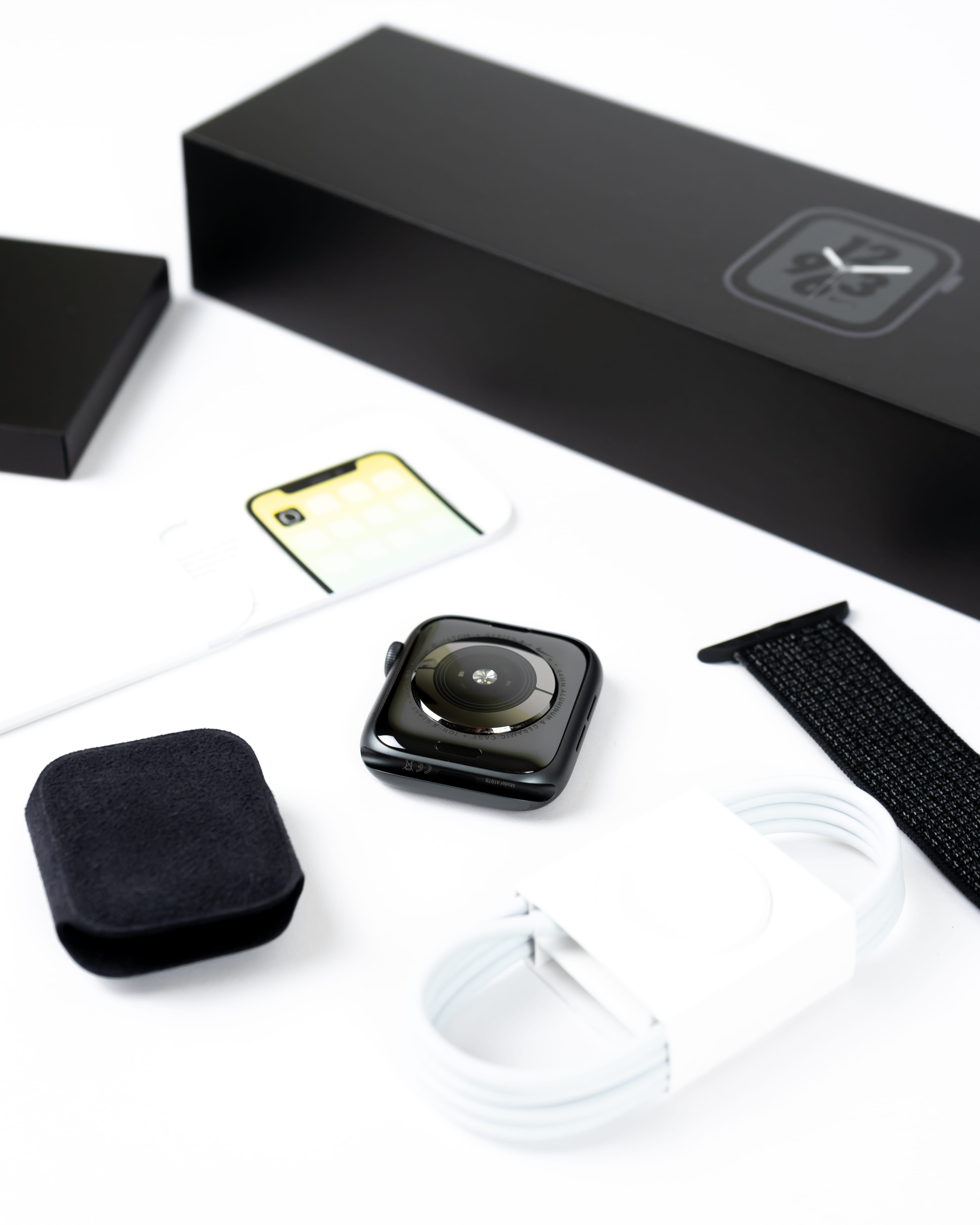box, 4K, cord, series4, watch, applewatch, table, bright, close-up, case, gadget, high angle view, smart phone, nike, product, still life, bands, communication, Phone HD Wallpaper