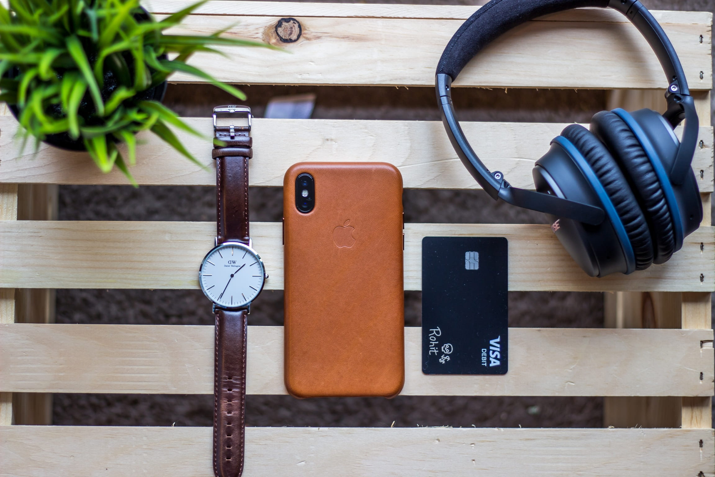 close-up, headphones, round, focus on foreground, black, music, analog, blue, power supply, colored, wood - material, potted plant, case, plant, communication, HD Wallpaper