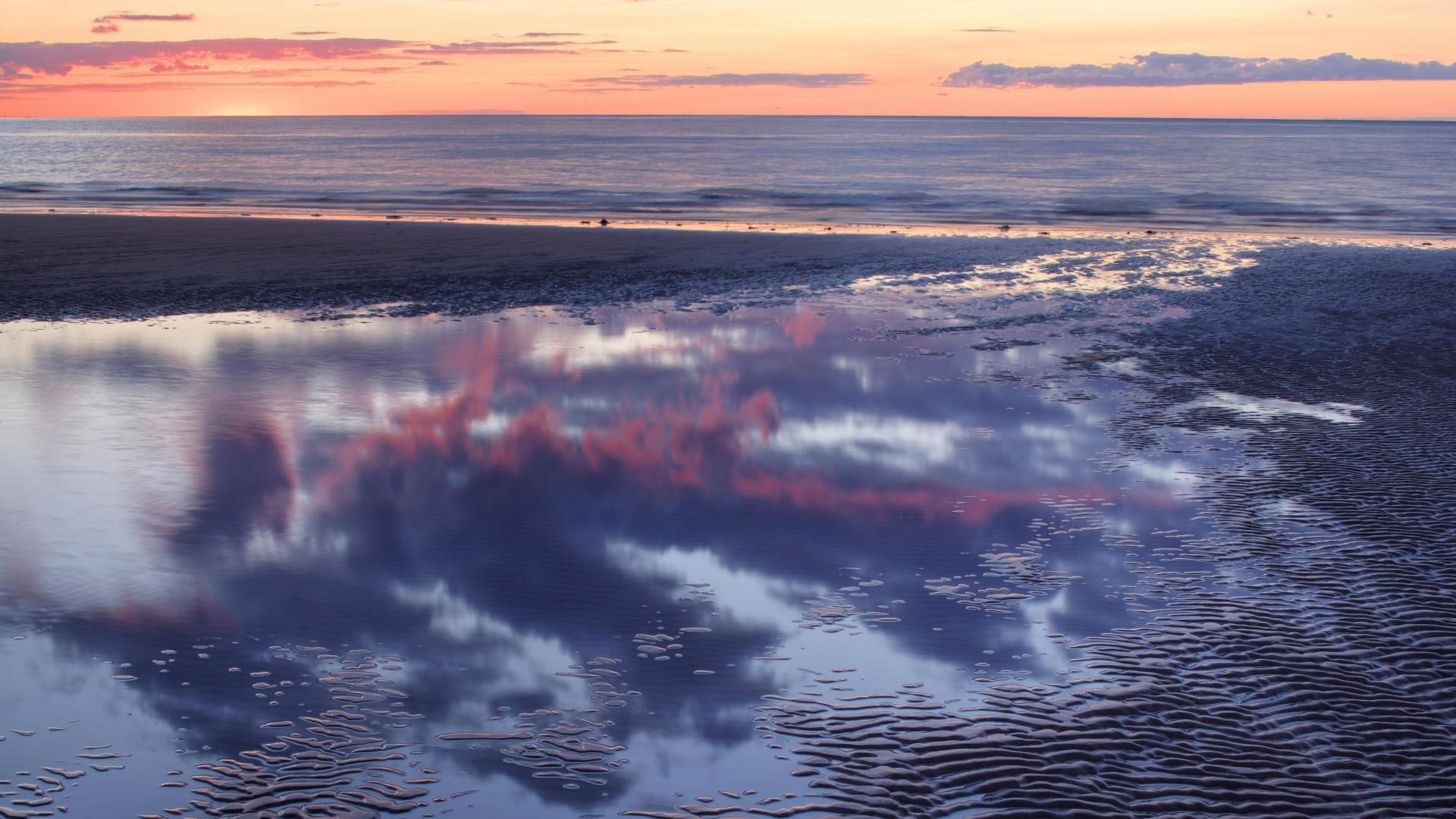 1080P, sunset, tidal, beach, clouds, nature and landscapes, pool, reflection, HD Wallpaper