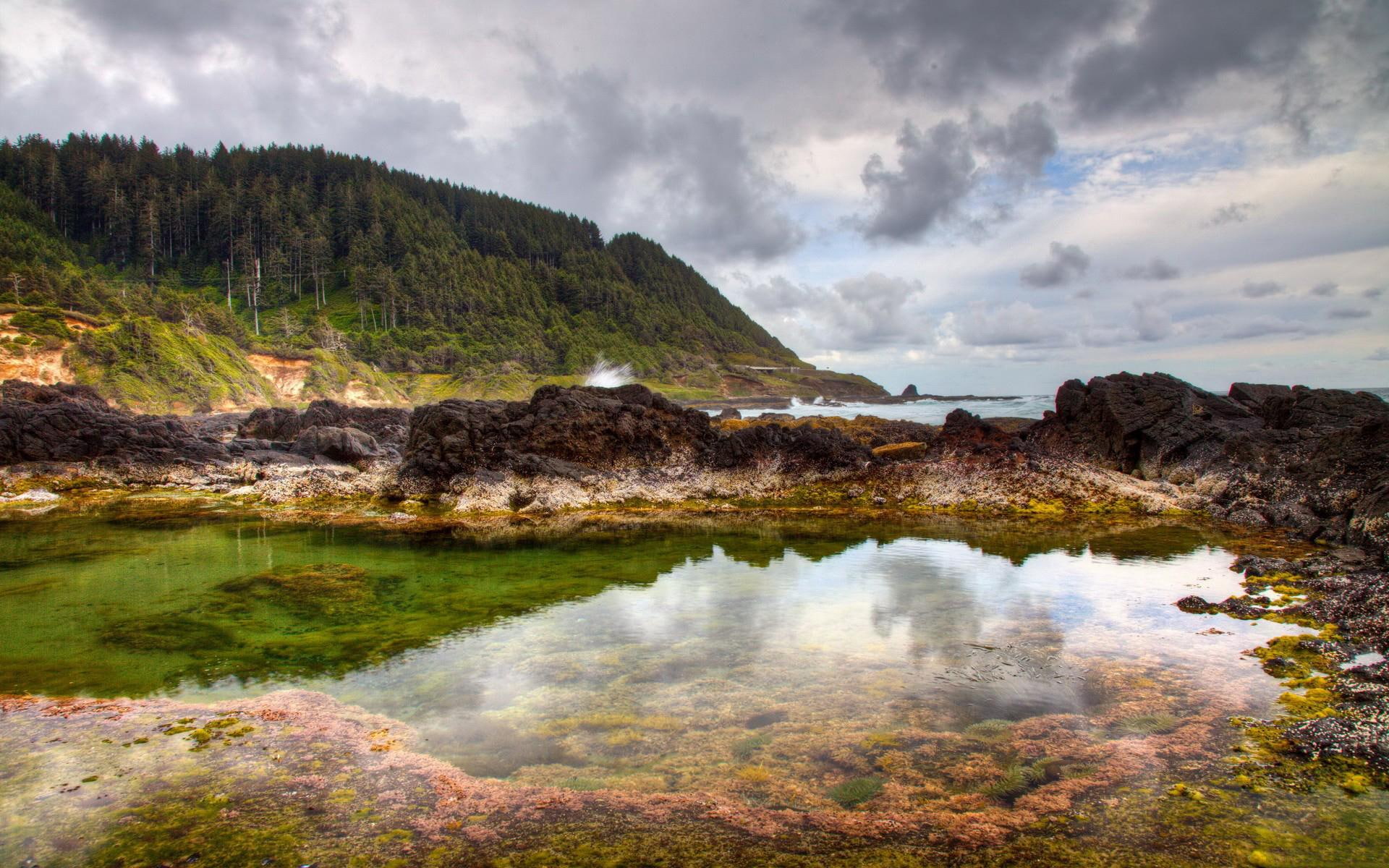 1080P, tidal, shore, rocks, hdr, mountain, nature and landscapes, pool, lovely, HD Wallpaper
