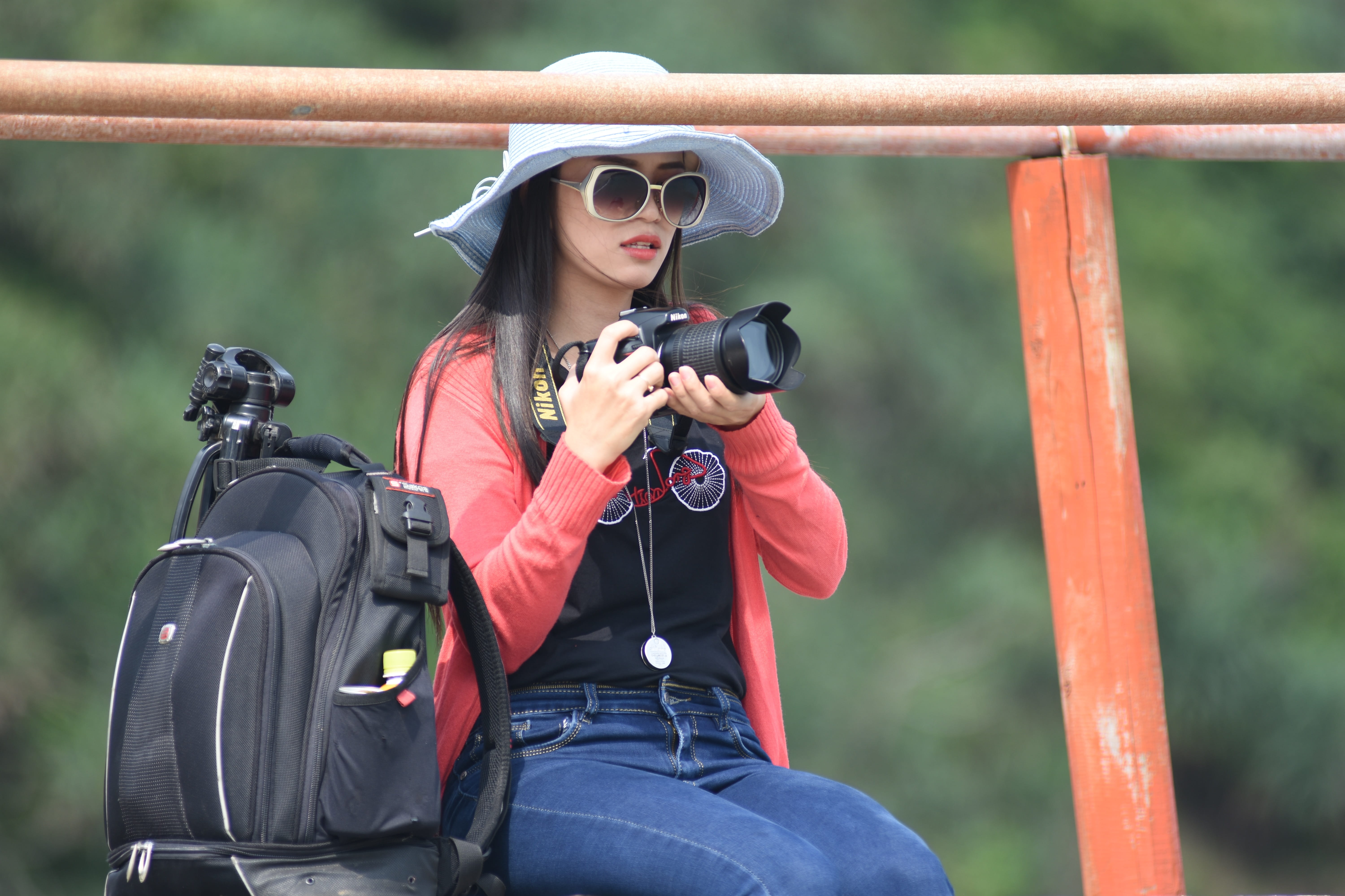 digital camera, one woman only, young adult, hat, young women, one person, real people, 5K, leisure activity, focus on foreground, sunglasses, only women, HD Wallpaper