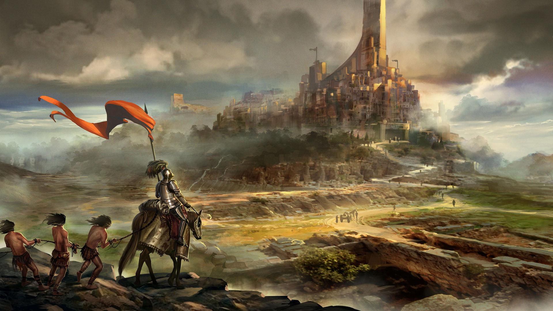 knigt, slave, returning, near, 1080P, victorious, pulling, cloud, knight, fantasy, castle, slaves, illustration, 1920x1080, riding, medieval, horse, HD Wallpaper