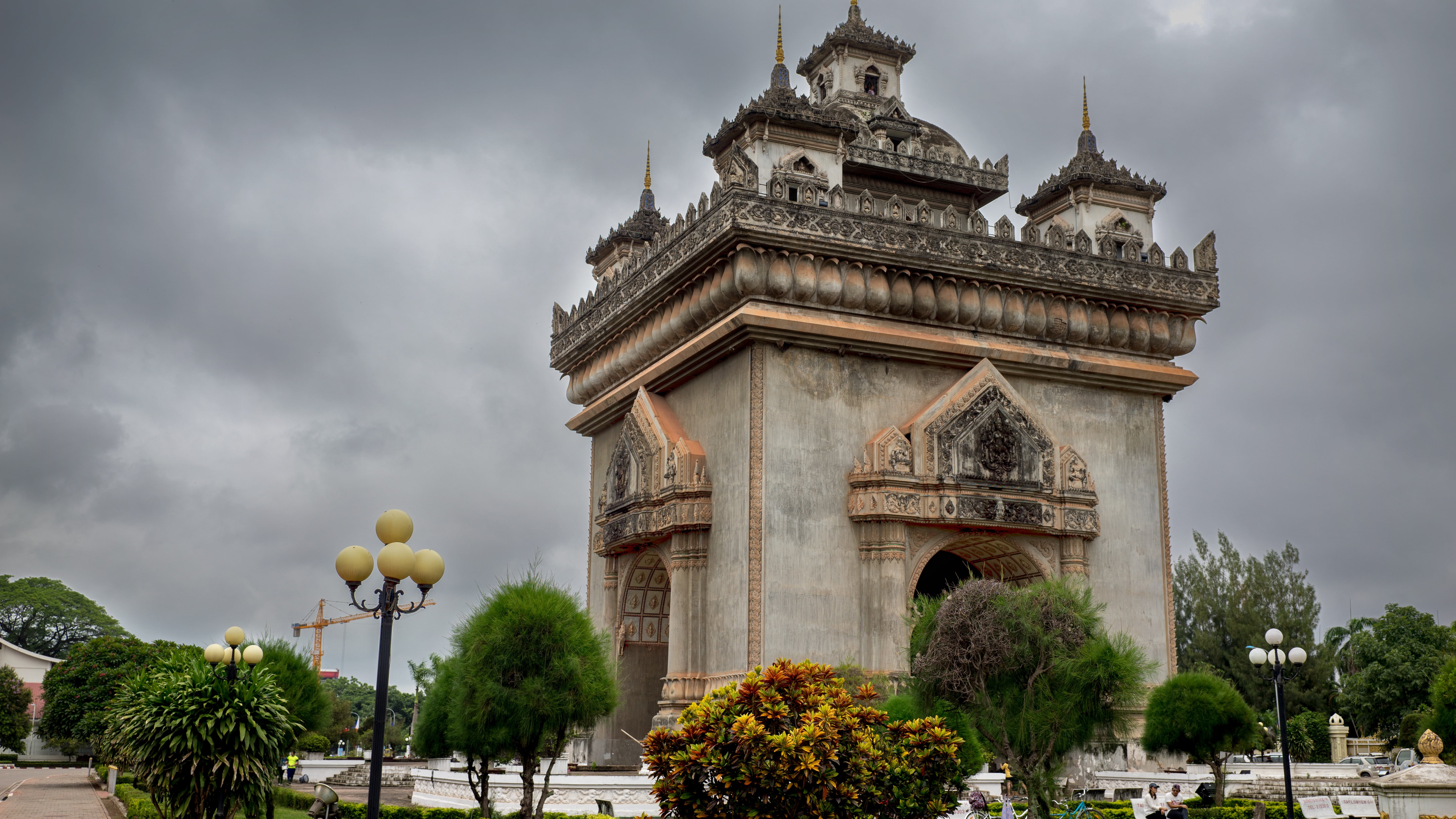 tree, architecture, history, building, patuxai, monument, outdoors, sky, built structure, gate, tourism, city, low angle view, travel, plant, laos, nature, HD Wallpaper