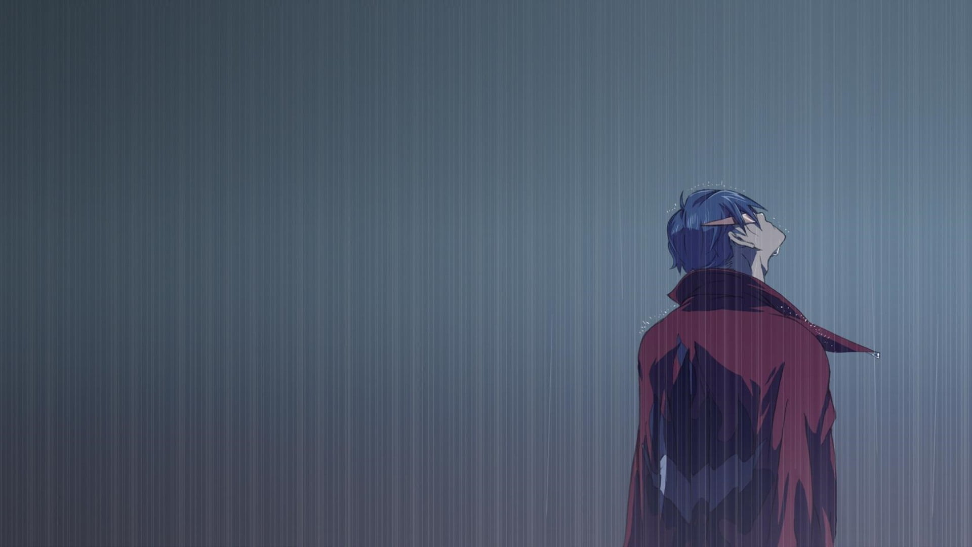 obscured face, haired, Kamina, 1080P, outdoors, blue, anime, built structure, clothing, rear view, leisure activity, three quarter length, red, HD Wallpaper