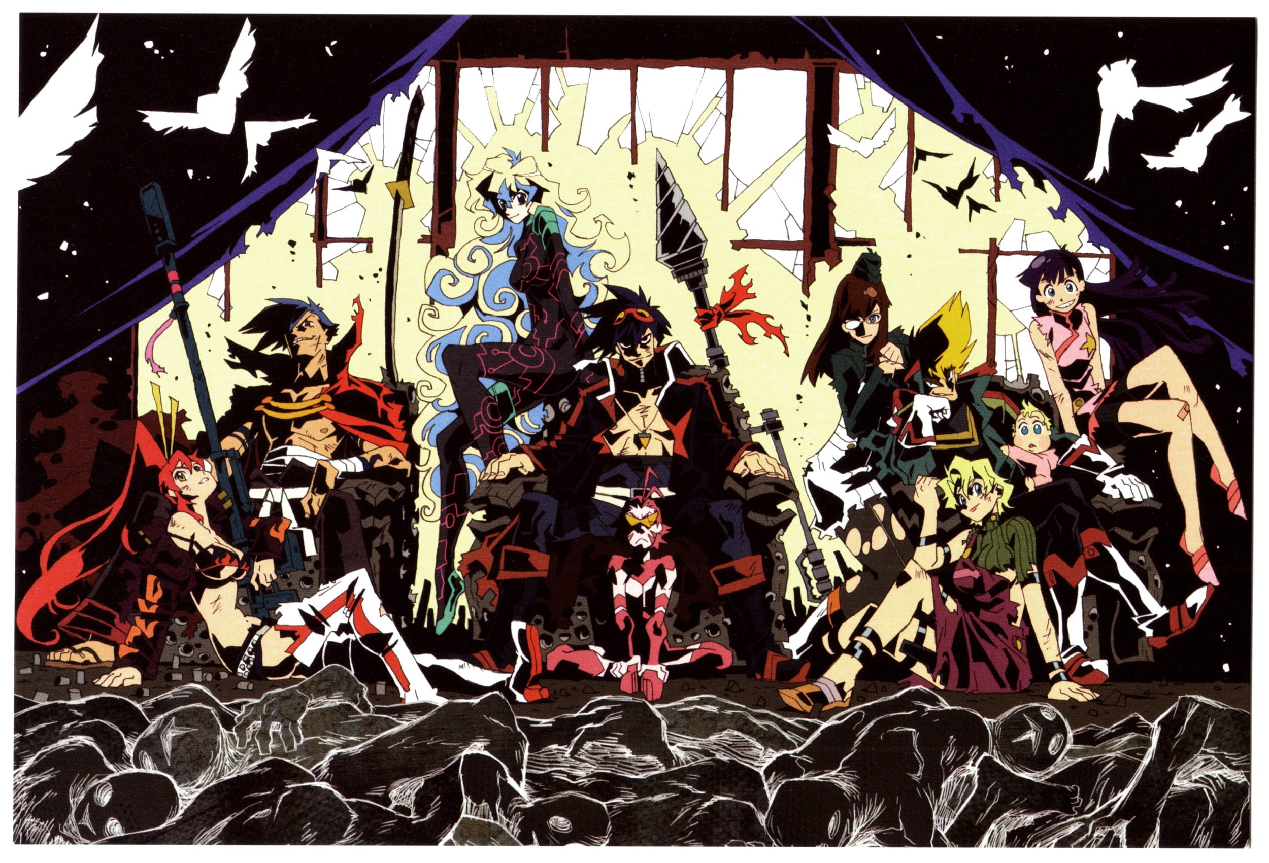 transfer print, Simon, Teppelin Nia, Littner Yoko, male likeness, creativity, Tengen Toppa Gurren Lagann, wall - building feature, Kamina, 1080P, group of people, HD Wallpaper