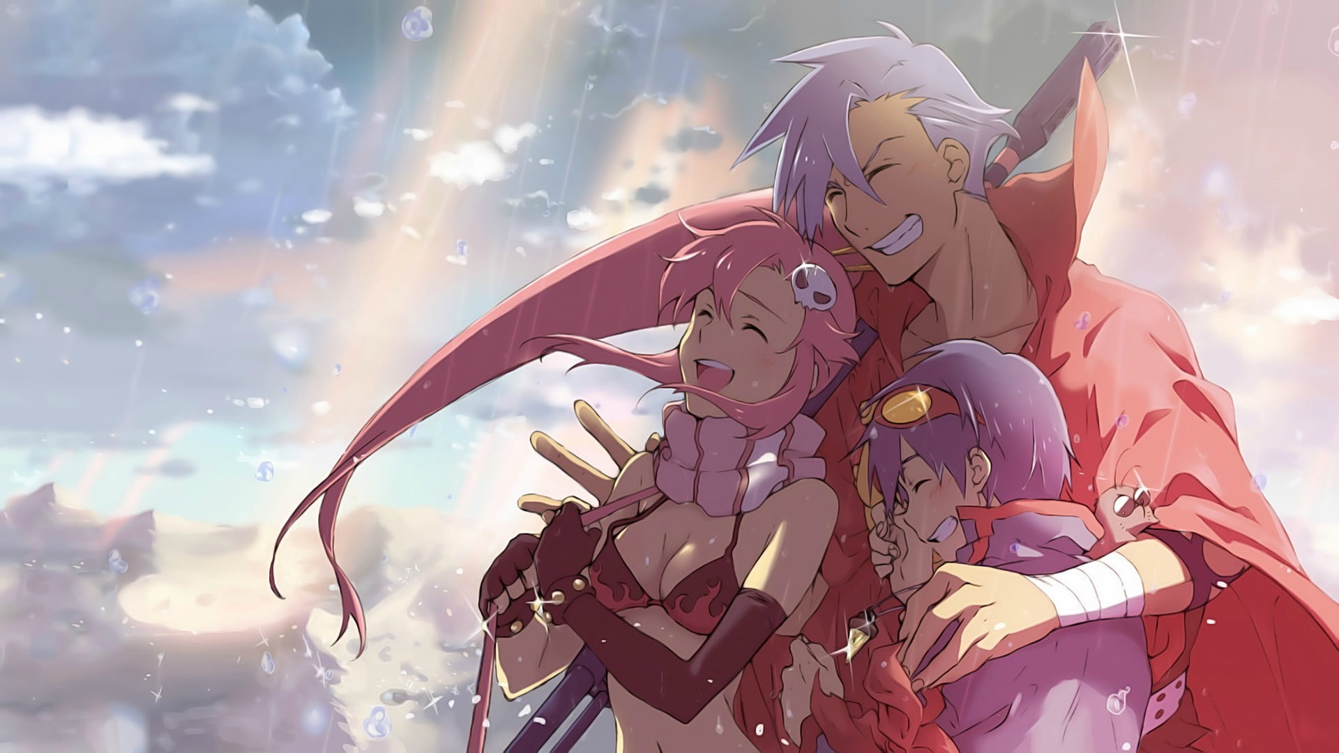 close-up, Simon, low angle view, sunlight, outdoors, anime, two, childhood, illustration, animated, Littner Yoko, Kamina, human representation, men, Tengen Toppa Gurren Lagann, HD Wallpaper