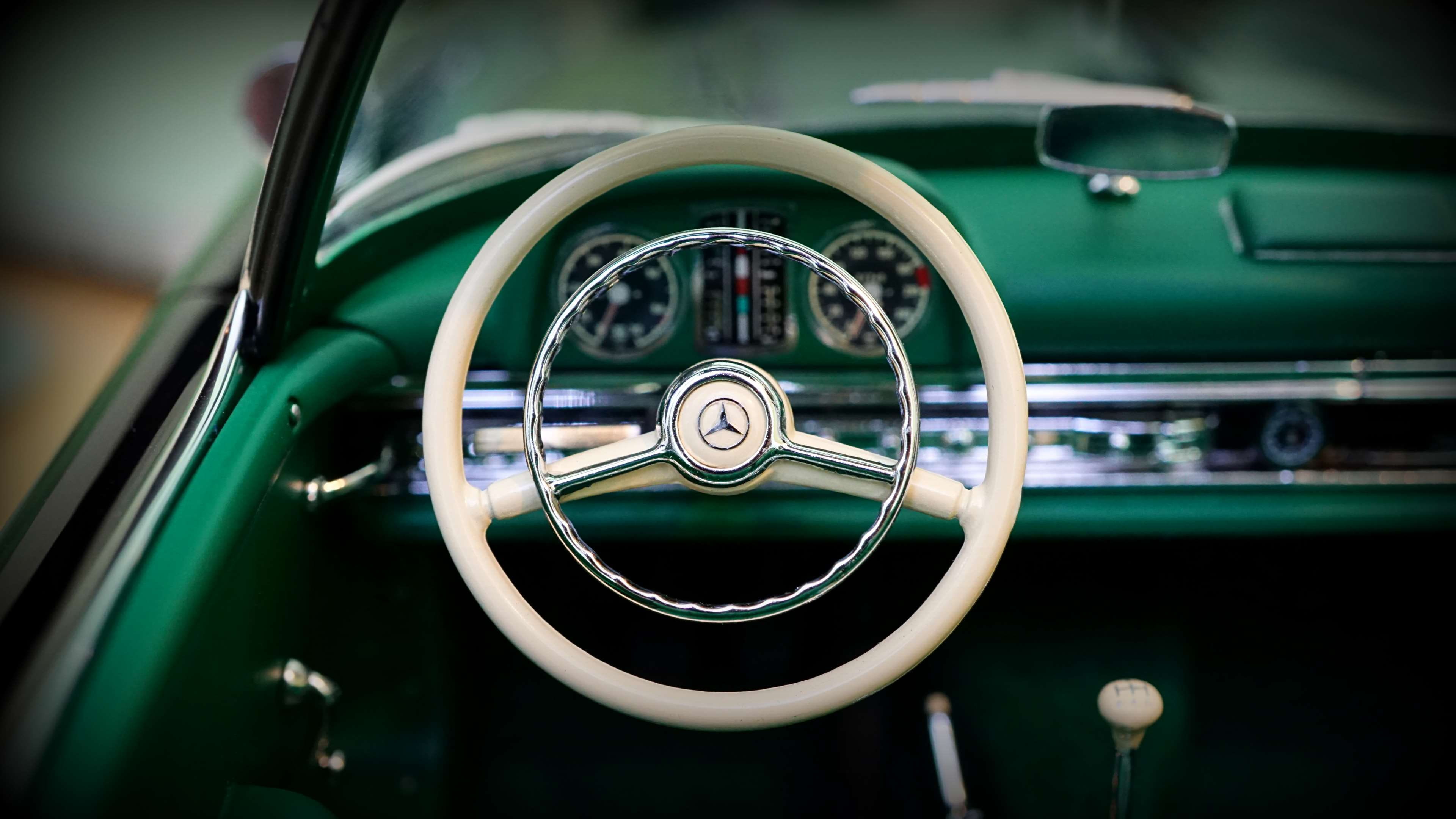 steering wheel, transmission, land vehicle, gear, motor vehicle, vintage car, no people, automobile, transport, drive, metal, car, leather, day, car dashboard, HD Wallpaper