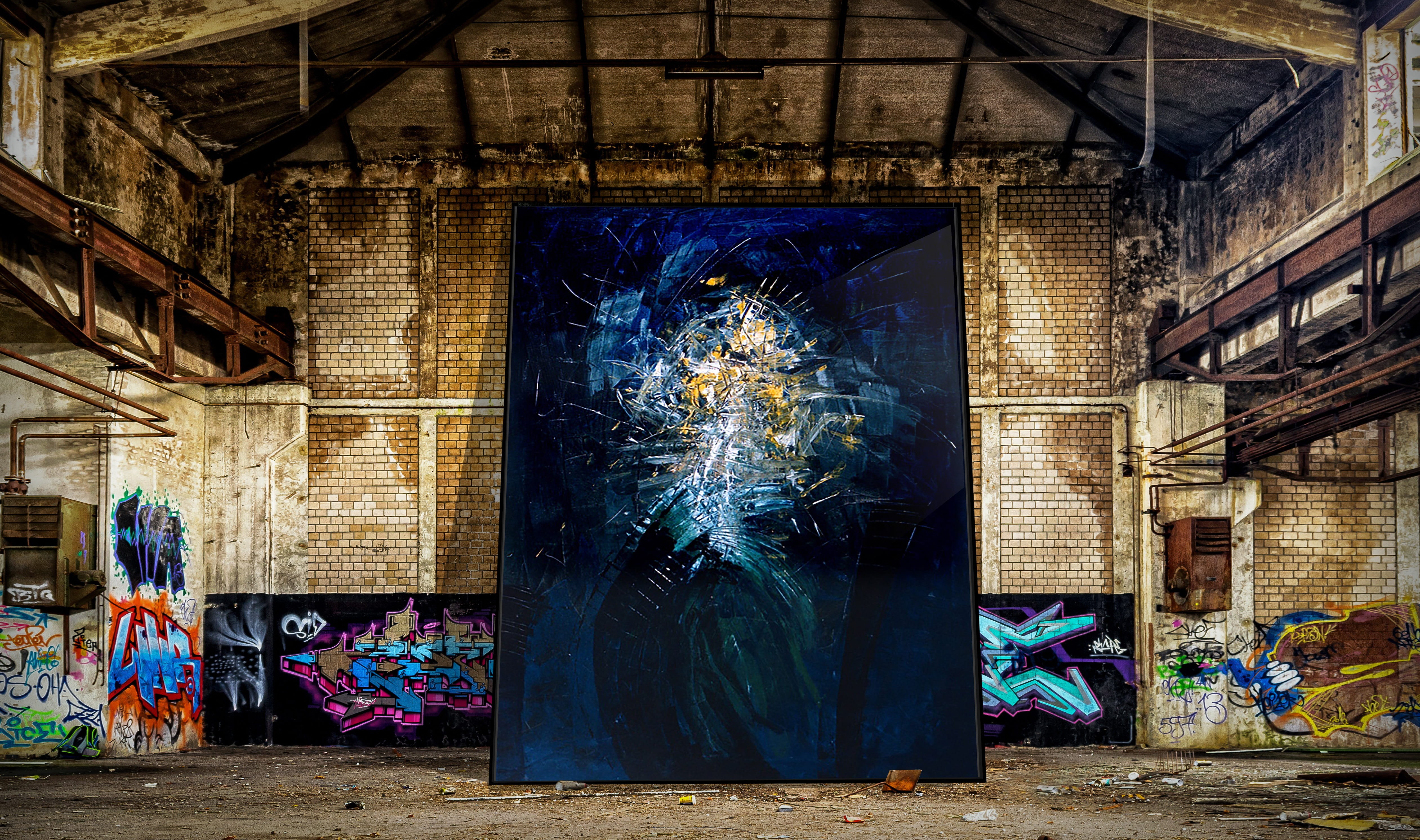 leaning, gallery, lost places, blue, wall - building feature, no people, Lost, ruined, mural, indoors, beige, outdoors, ruin, Invention, built structure, HD Wallpaper
