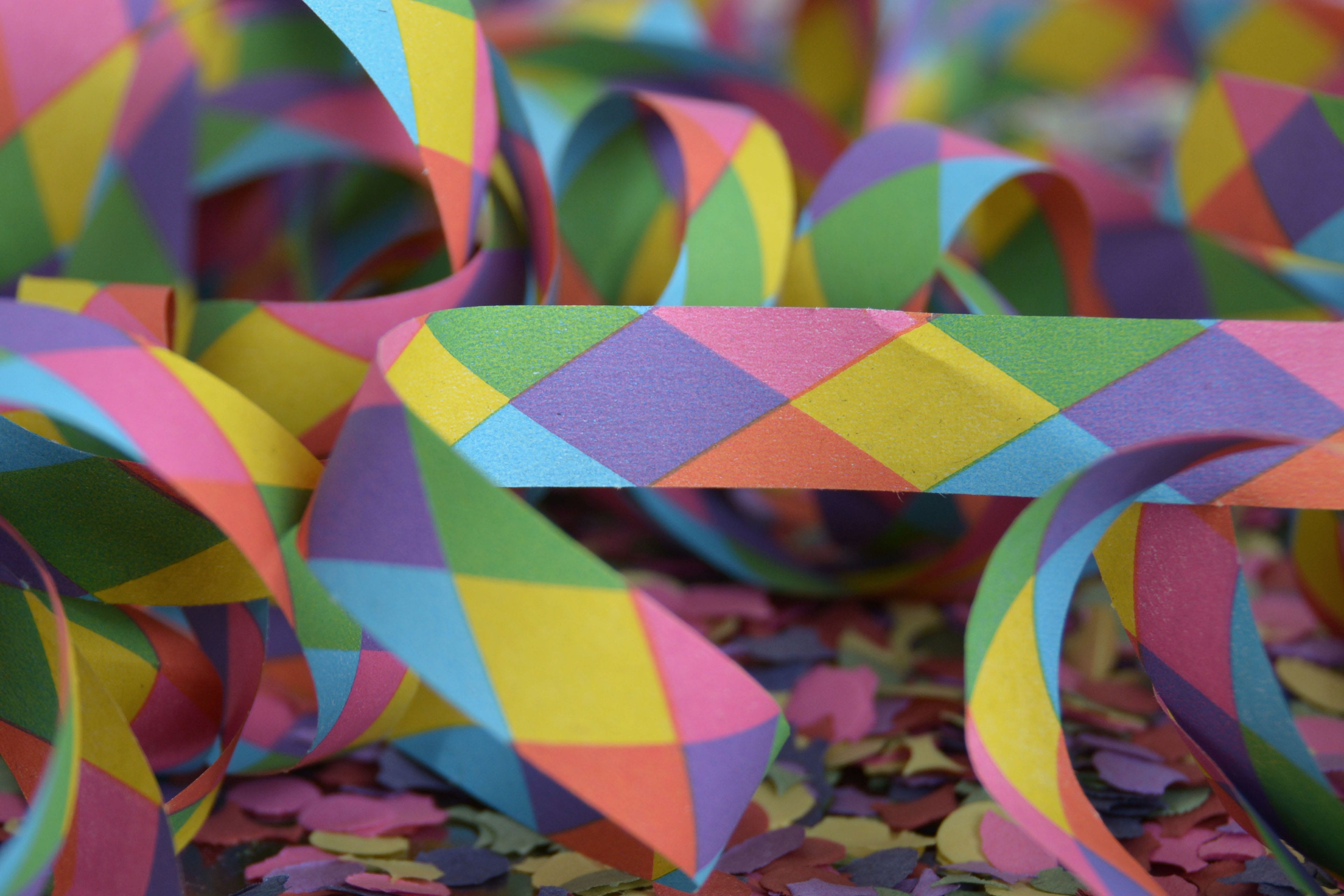 pattern, 4K, decoration, indoors, party - social event, celebration, close-up, no people, colorful, day, art and craft, ribbon - sewing item, streamer, HD Wallpaper