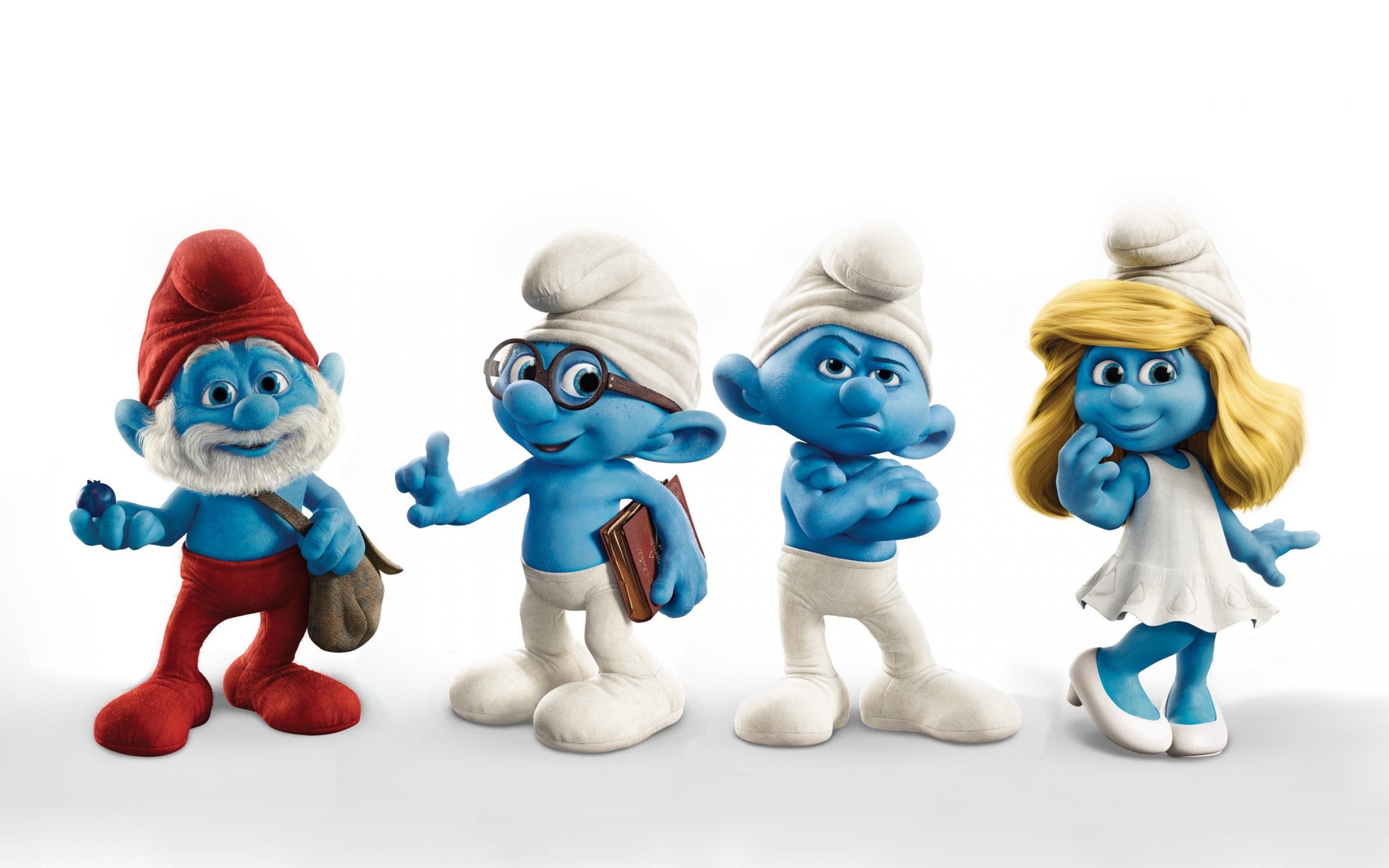indoors, representation, toy, background, blue, smurf, people, characters, doll, smurfette, brainy, smurfs, white color, male likeness, papa, side by side, HD Wallpaper