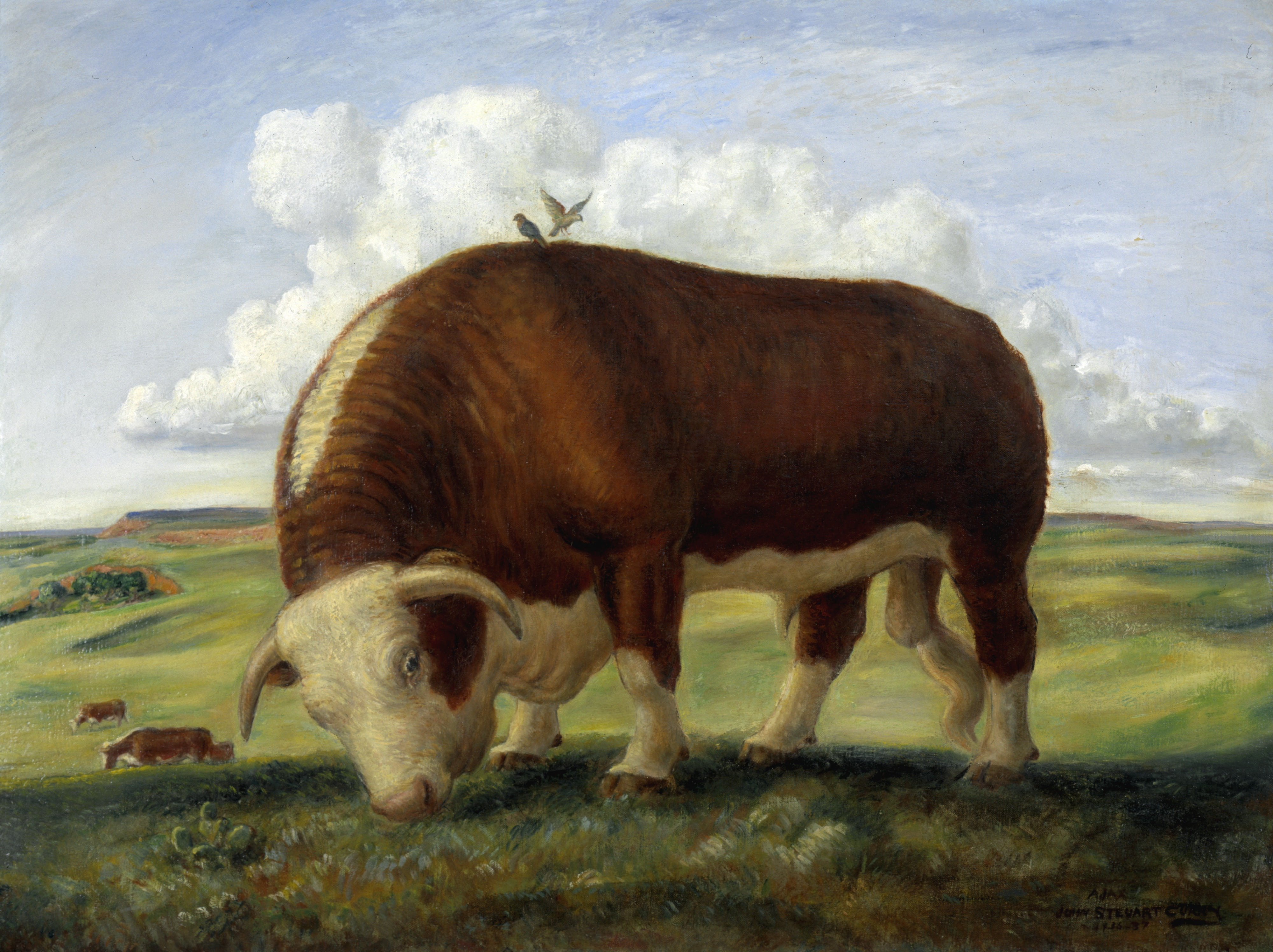 outdoors, grass, herbivorous, animal themes, day, mammal, plant, bull, one animal, agriculture, brown, outside, artistic, painting, sky, landscape, rural Scene, HD Wallpaper