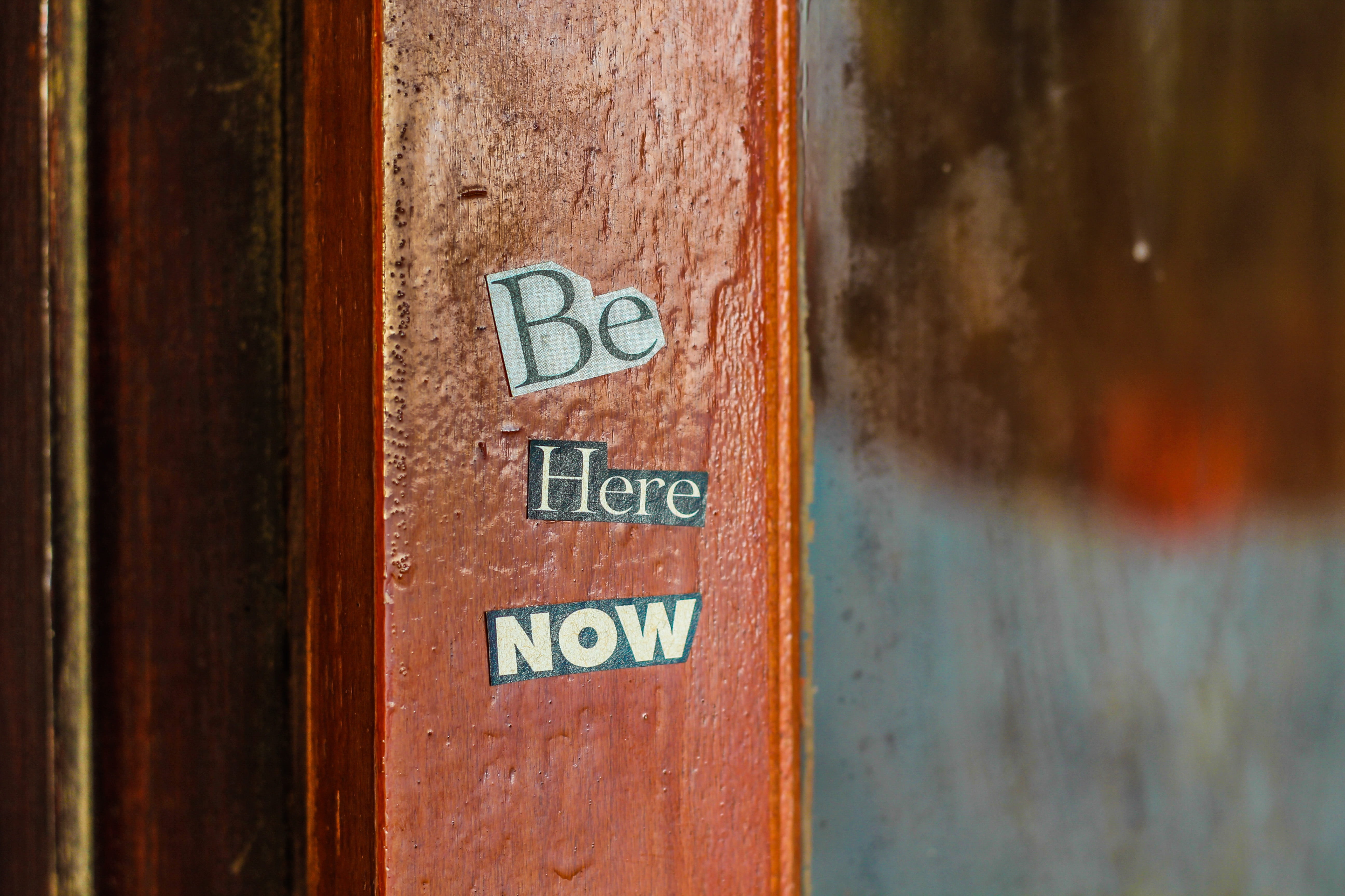 day, no people, sign, western script, old, wood, wood - material, glass, wall, restroom sign, motivational quotes, be here now, sticker, presence, 5K, HD Wallpaper
