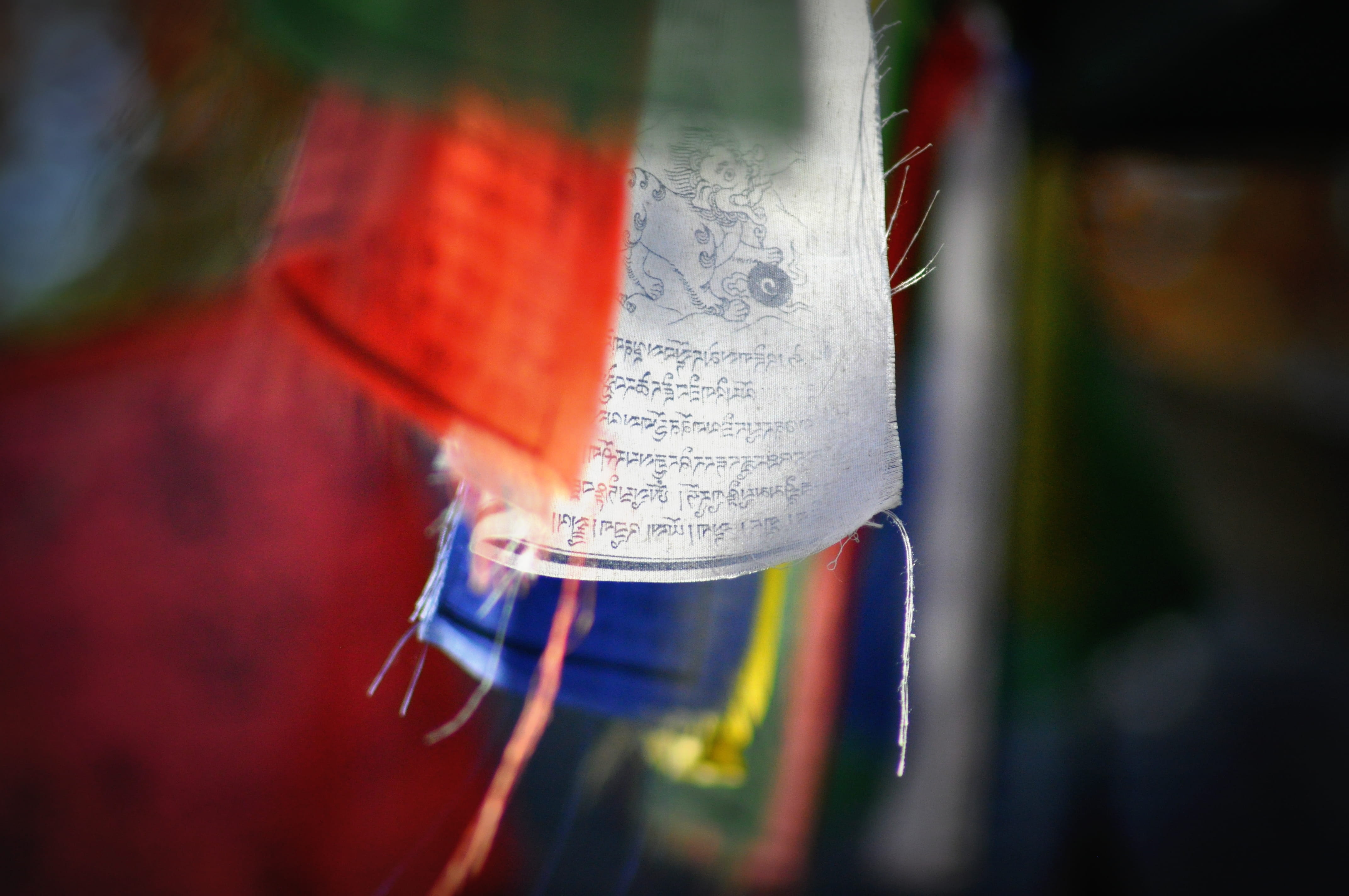 communication, religion, flag, belief, no people, hanging, wet, day, tibetan prayer flags, outdoors, selective focus, religious equipment, 4K, red, text, HD Wallpaper