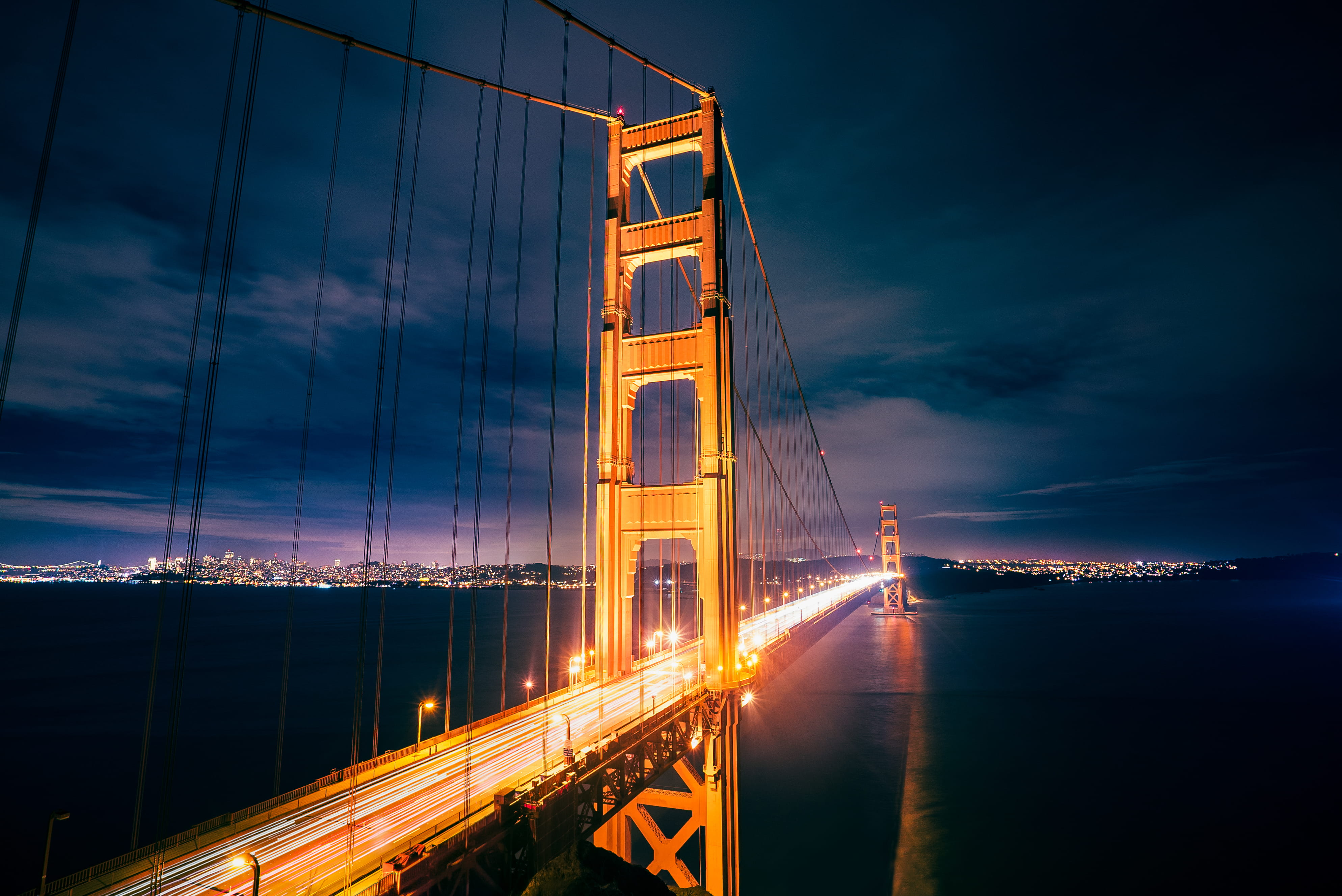 motion, night, suspension bridge, outdoors, dark, mode of transportation, architecture, neon, bridge - man made structure, cityscape, road, metropolis, HD Wallpaper