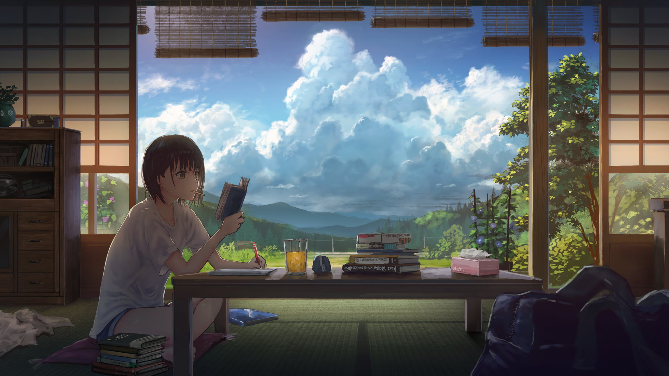 table, sky, indoors, sitting, lifestyles, clouds, reading, barefoot, 1080P, day, books, seat, drink, men, leisure activity, child, window, architecture, HD Wallpaper
