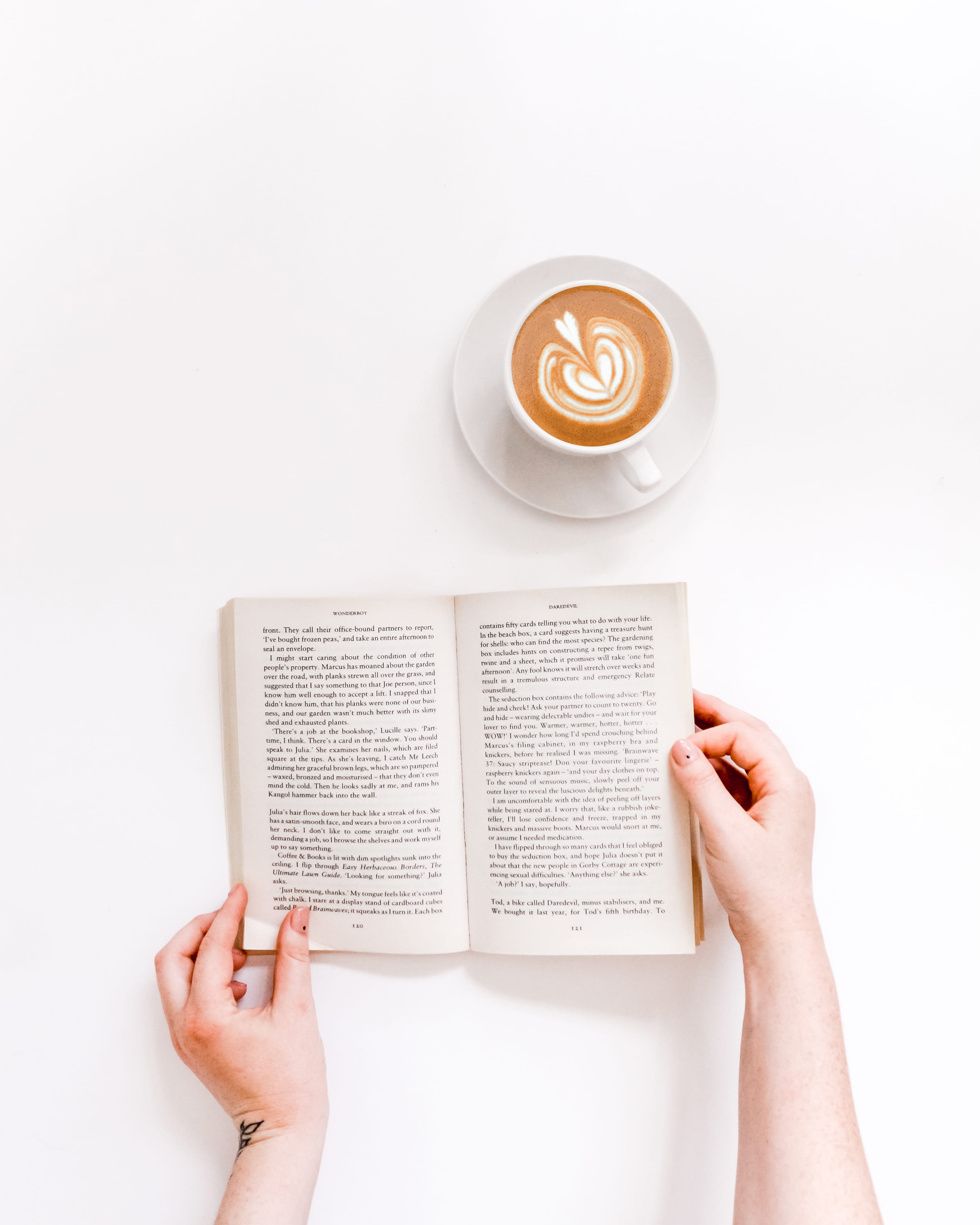 flatlay, drink, hand, 4K, white background, minimalist, portrait, bookworm, read, alphabet, minimal, frothy drink, south africa, reading matter, bedding, Phone HD Wallpaper